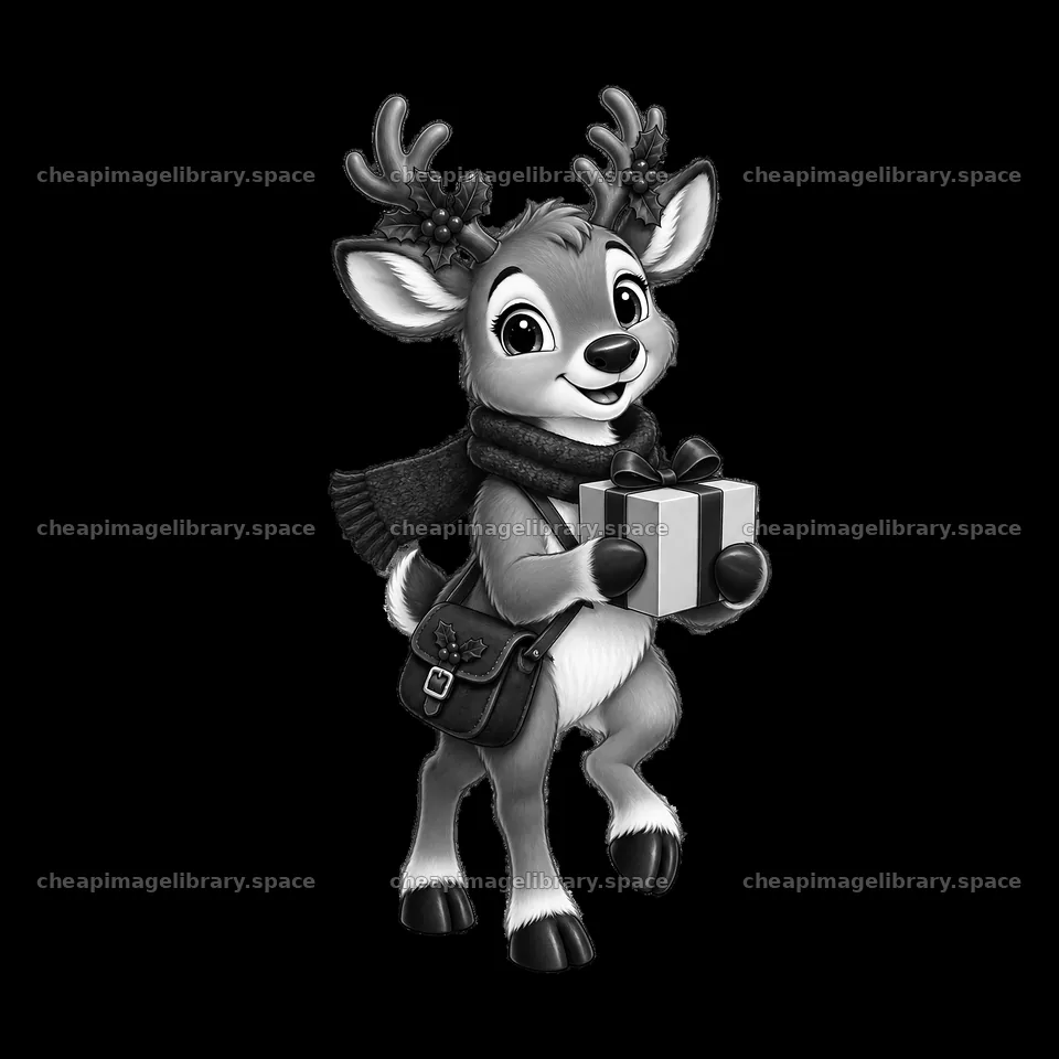 Reindeer holding a gift in a Christmas house scene – image library 7746x7746