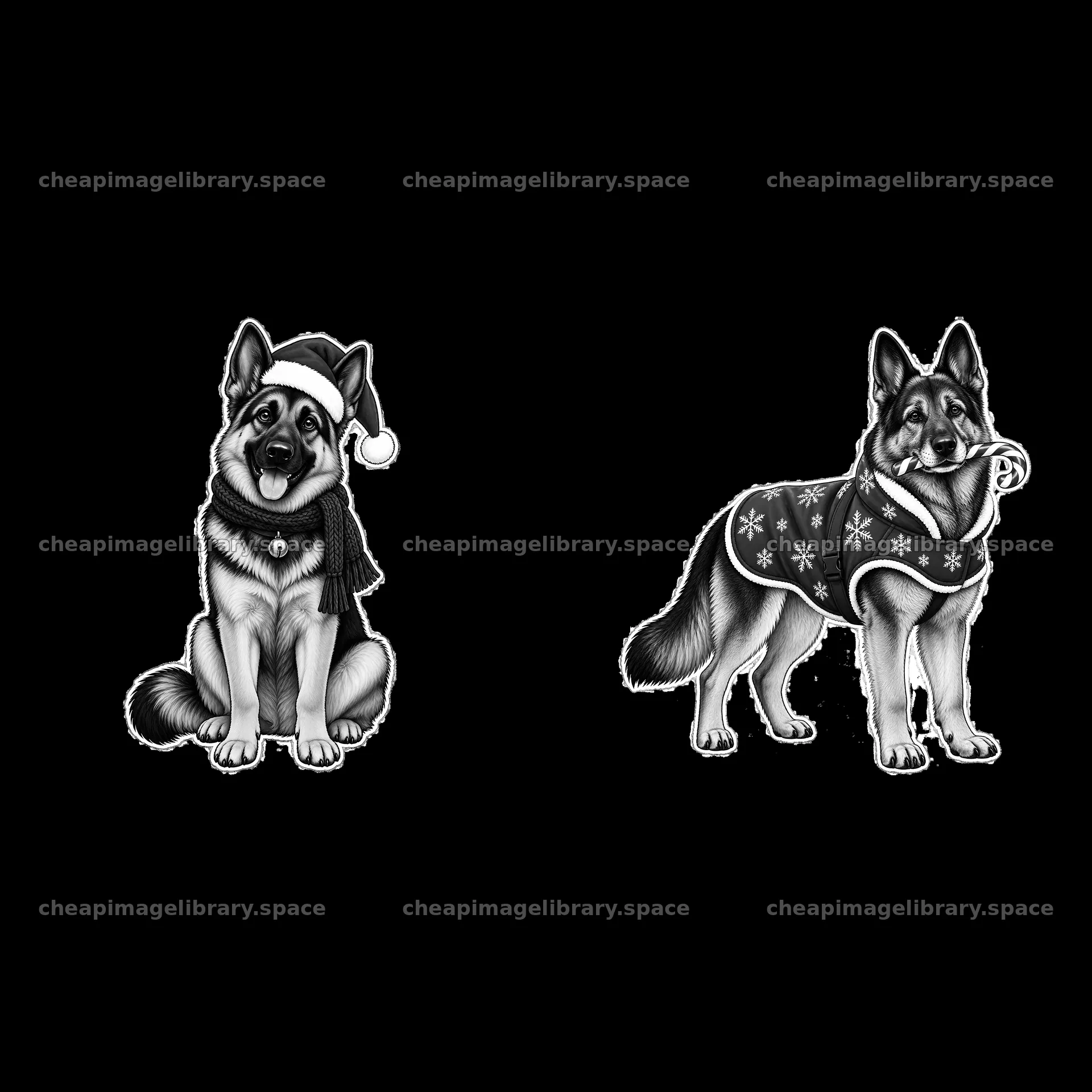 Christmas German Shepherd characters with festive accessories – image library 7746x7746