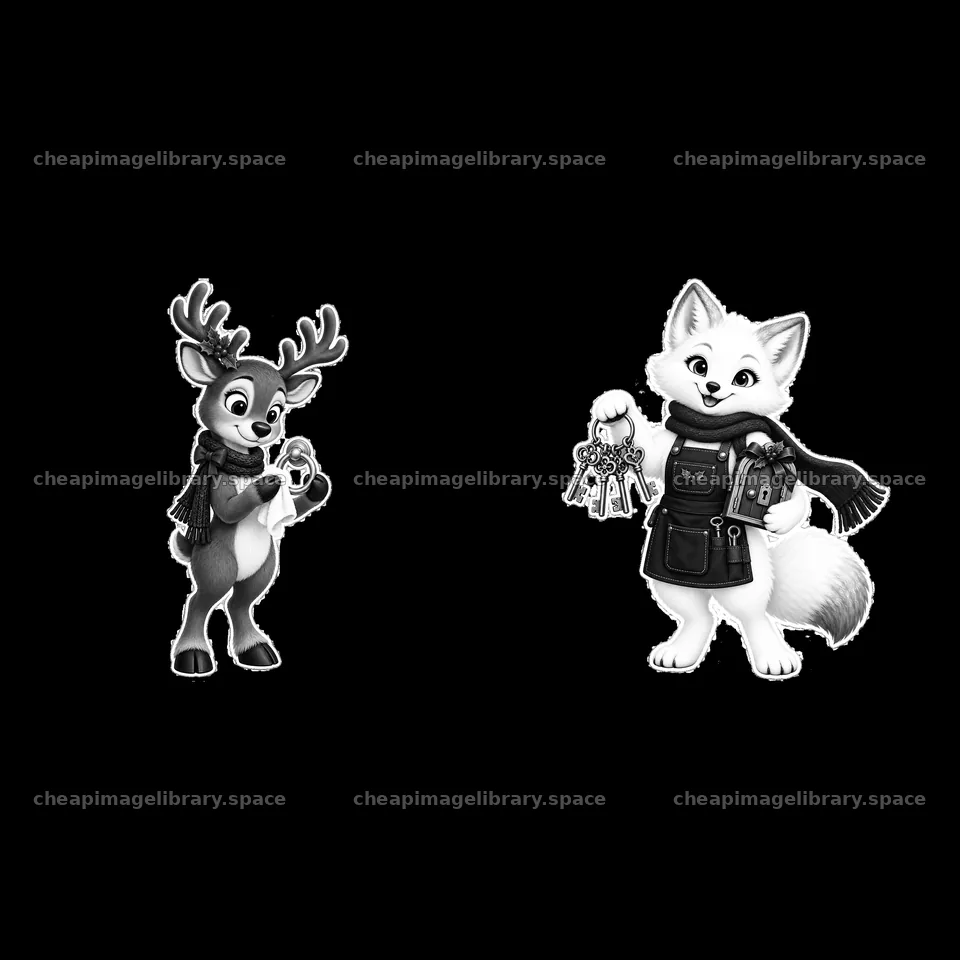 Reindeer and fox holding keys in Christmas-themed illustration – image library 7746x7746