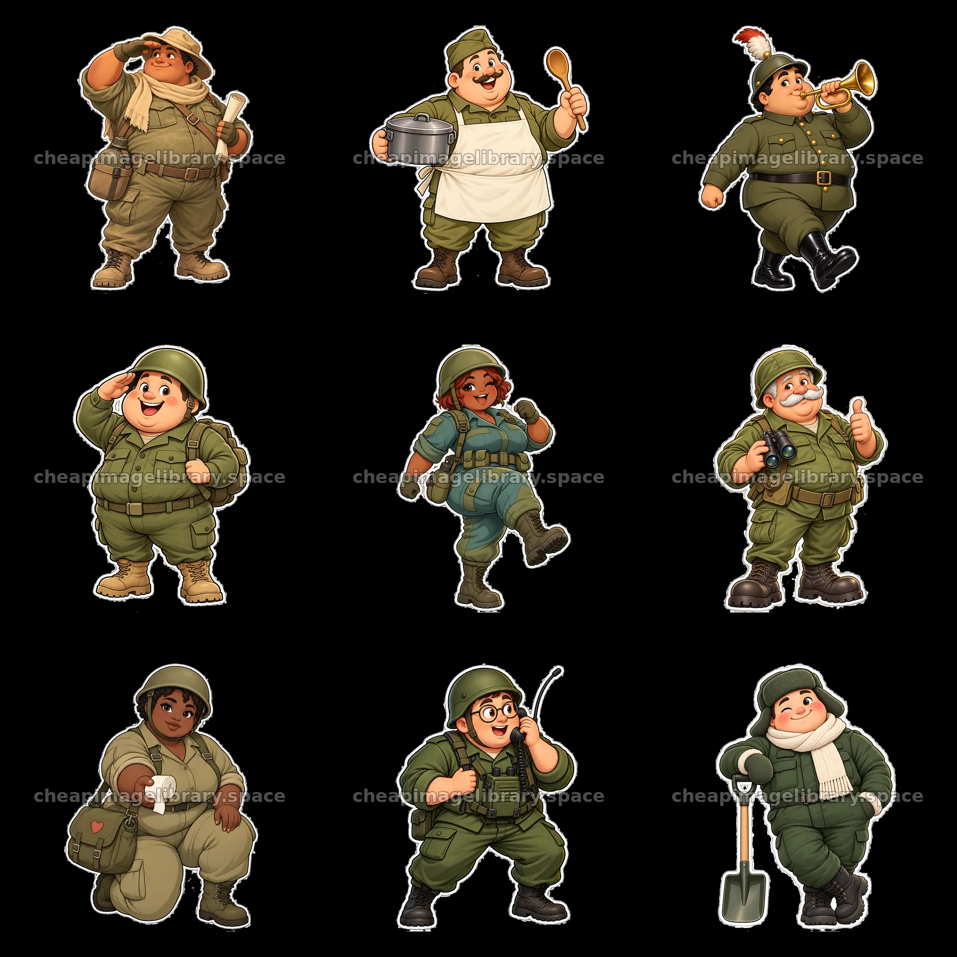 Cute ultra-chubby soldiers in various playful poses and outfits – image library 7746x7746