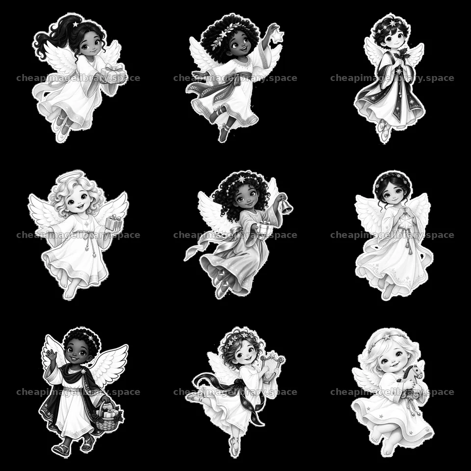 Cartoon stickers of Christ Child figures with gifts in nine grids – image library 7746x7746