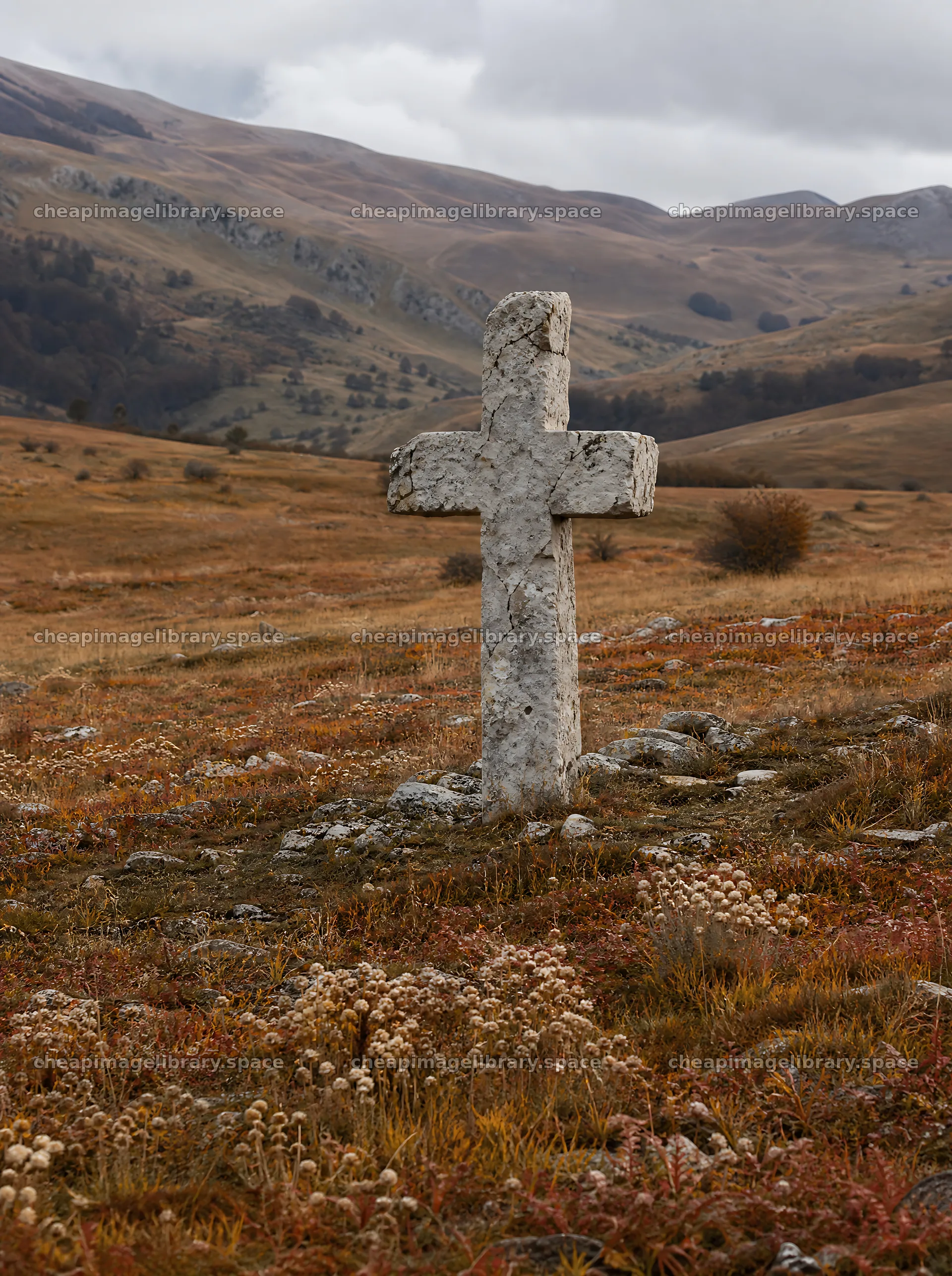 Aged Christian cross in autumn valley meadow – image library 6858x9186