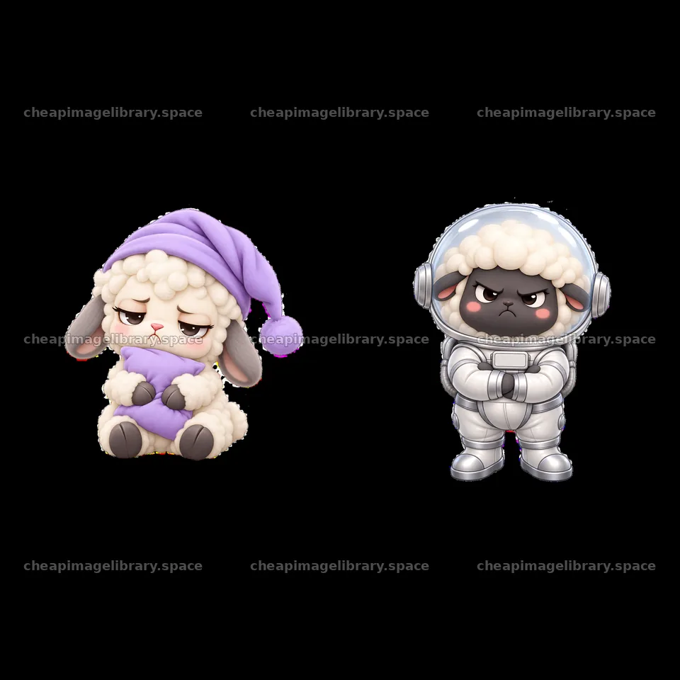 Kawaii grumpy sheep in pajamas and astronaut suit – image library 7746x7746