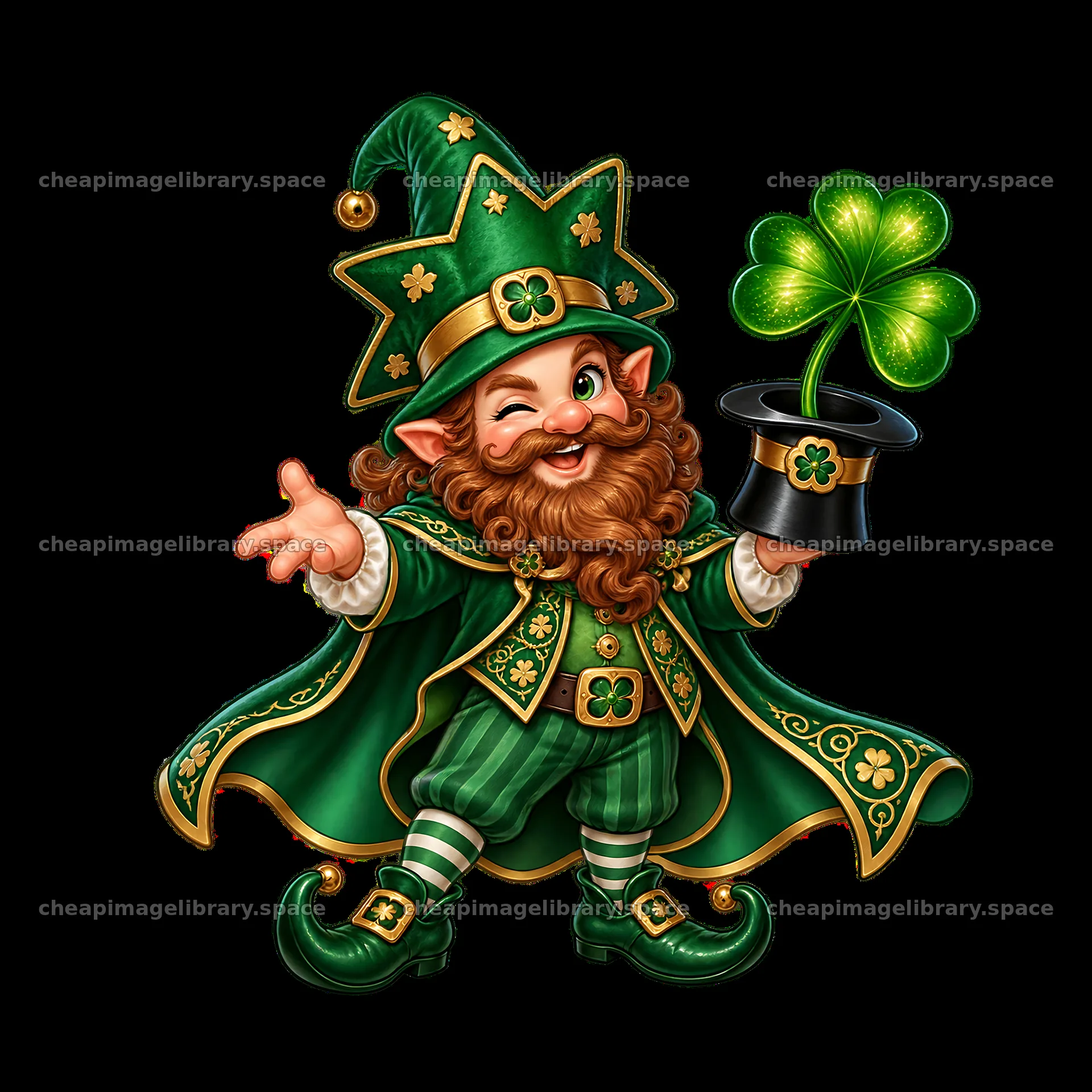 St. Patrick's Day gnome with shamrock in top hat – image library 7746x7746