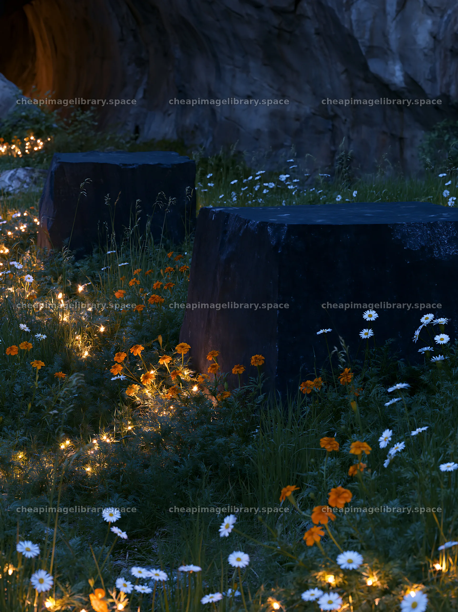 Christmas lights in meadow by cave at dusk – image library 6866x9174