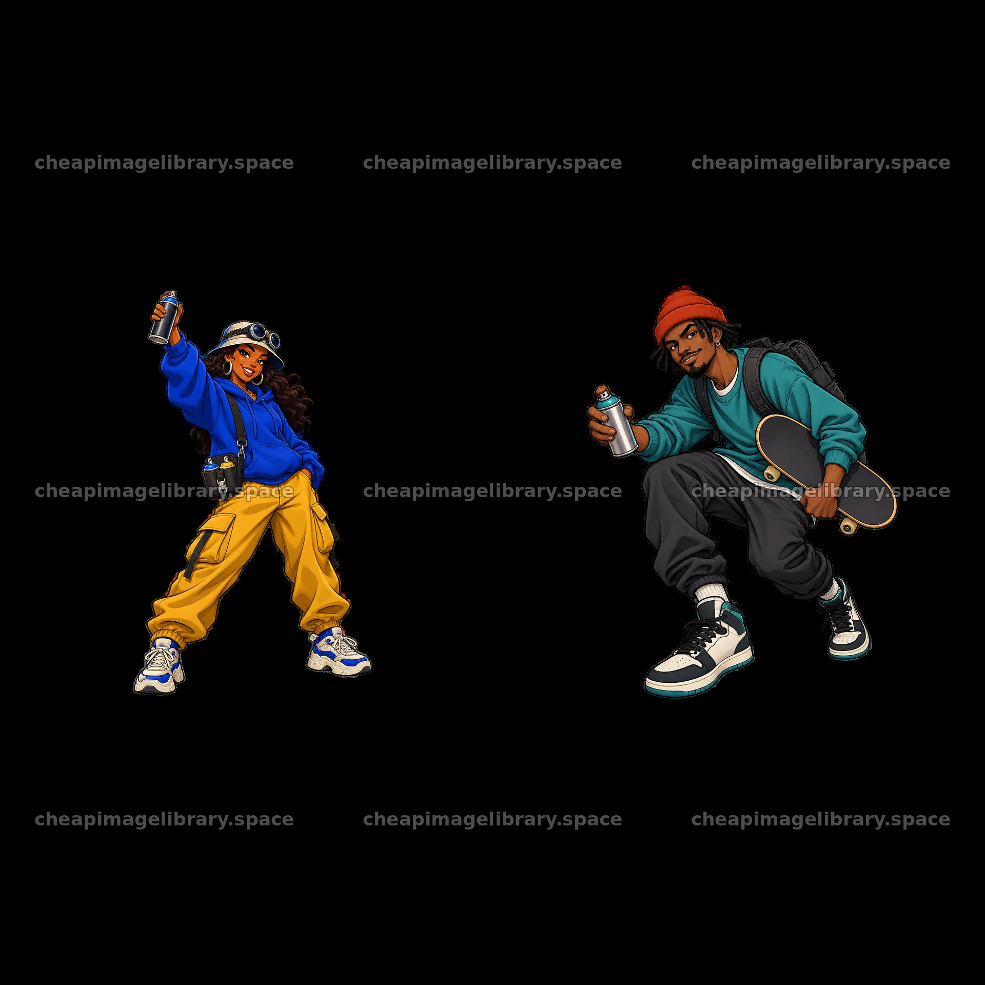 Cartoon graffiti sprayer and skateboarder in streetwear style – image library 7746x7746