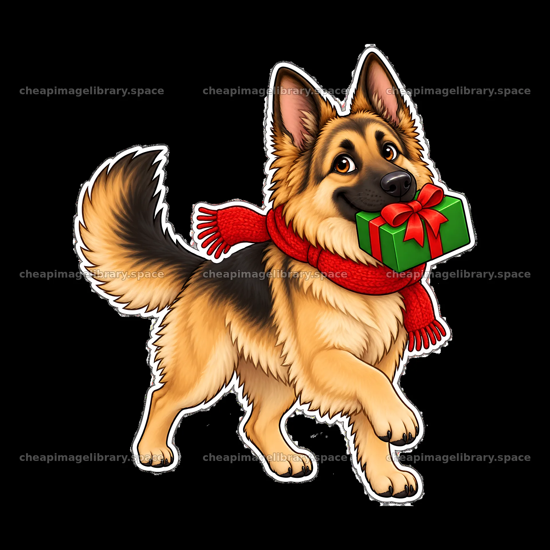 German Shepherd dog in a red scarf carrying a Christmas gift – image library 7746x7746