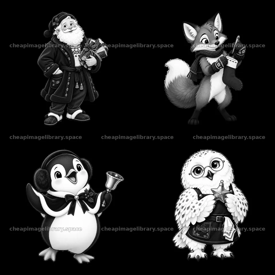 Santa, fox, penguin, and owl stickers for Christmas theme – image library 7746x7746