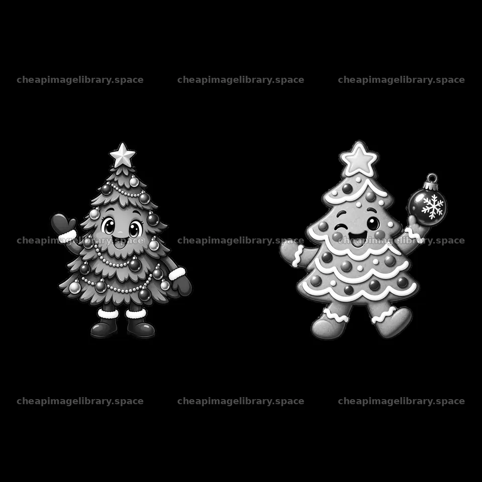 Cute cartoon Christmas trees with decorations and smiles – image library 7746x7746