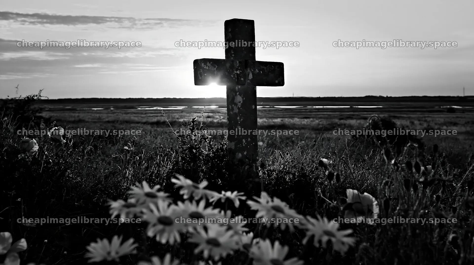 Christian cross at sunrise over a meadow with wildflowers – image library 10608x5938