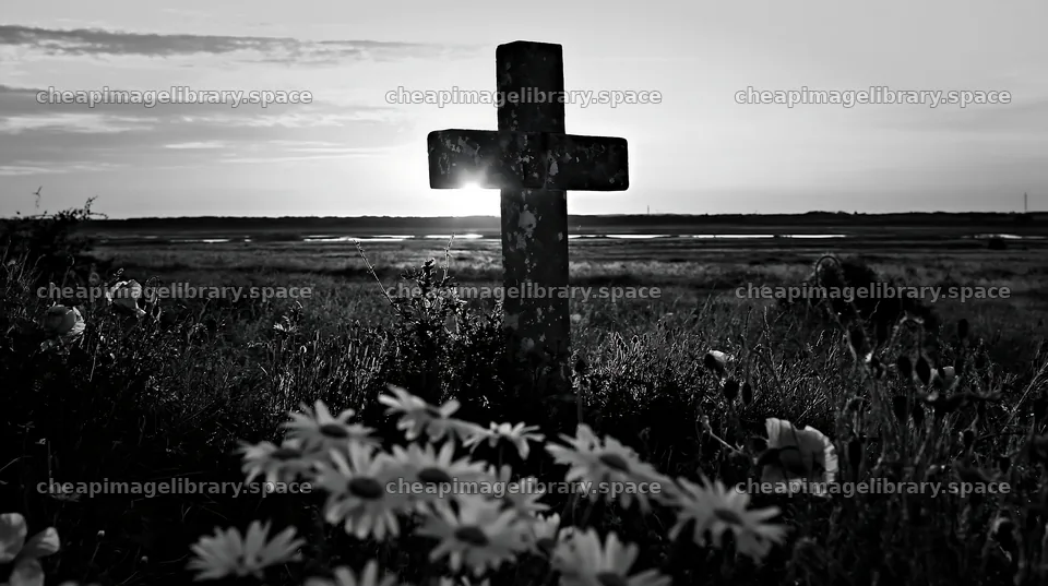 Christian cross at sunrise over a meadow with wildflowers – image library 10608x5938