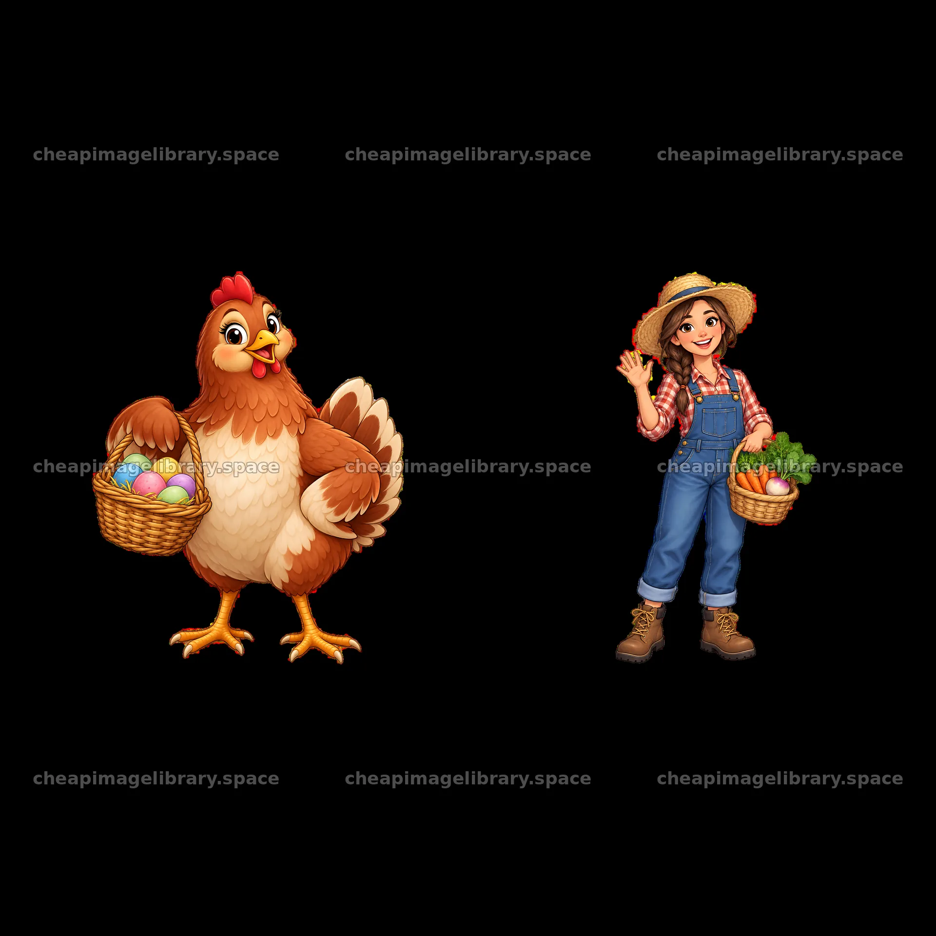 Chicken and farmer girl with baskets in a farm setting – image library 7746x7746
