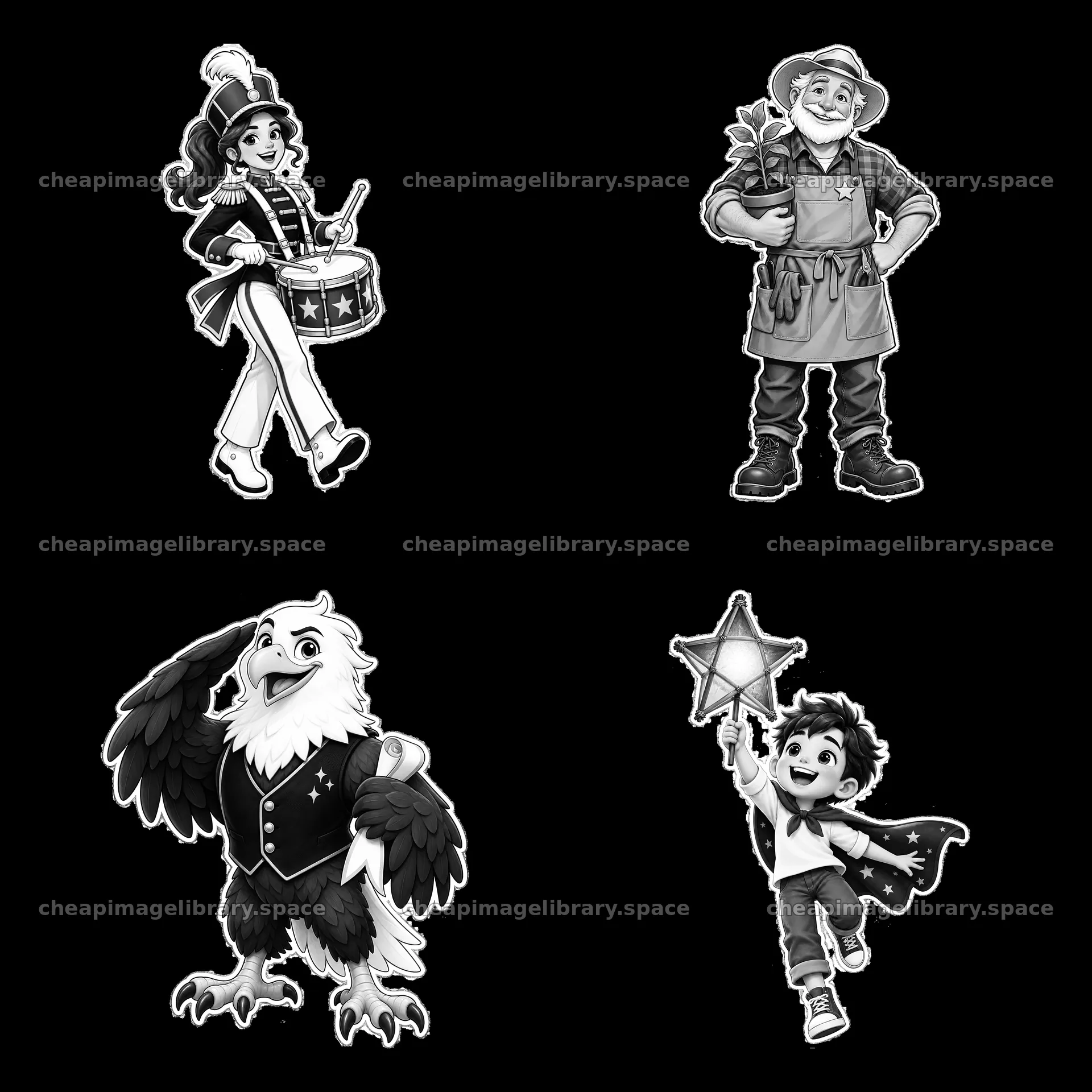 Patriotic cartoon characters in a 2x2 layout – image library 7746x7746