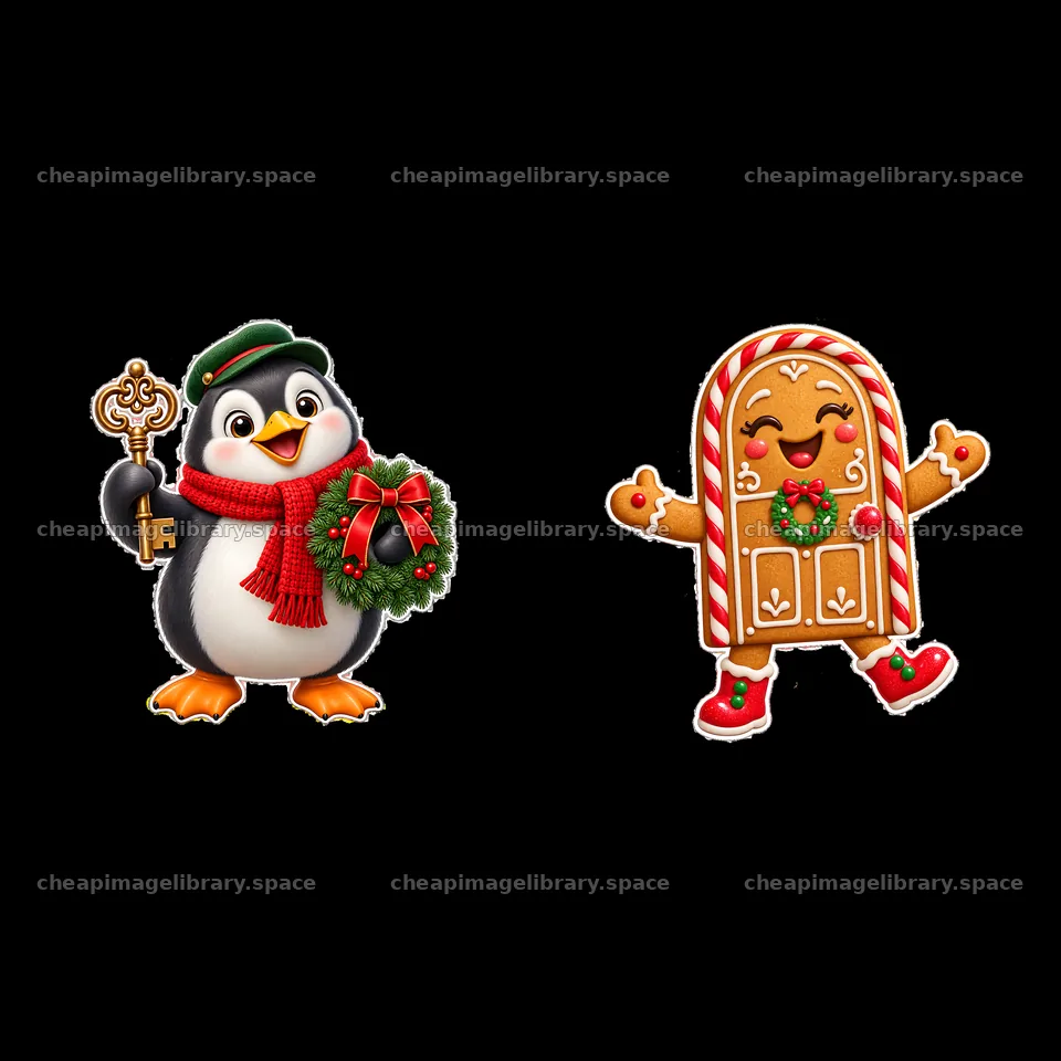 Penguin with key and wreath beside gingerbread cookie sticker – image library 7746x7746