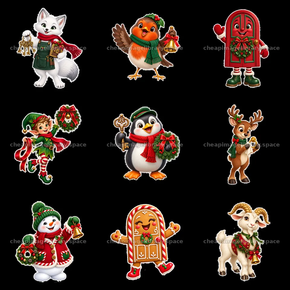 Festive animals and characters celebrating Christmas at the door – image library 7746x7746