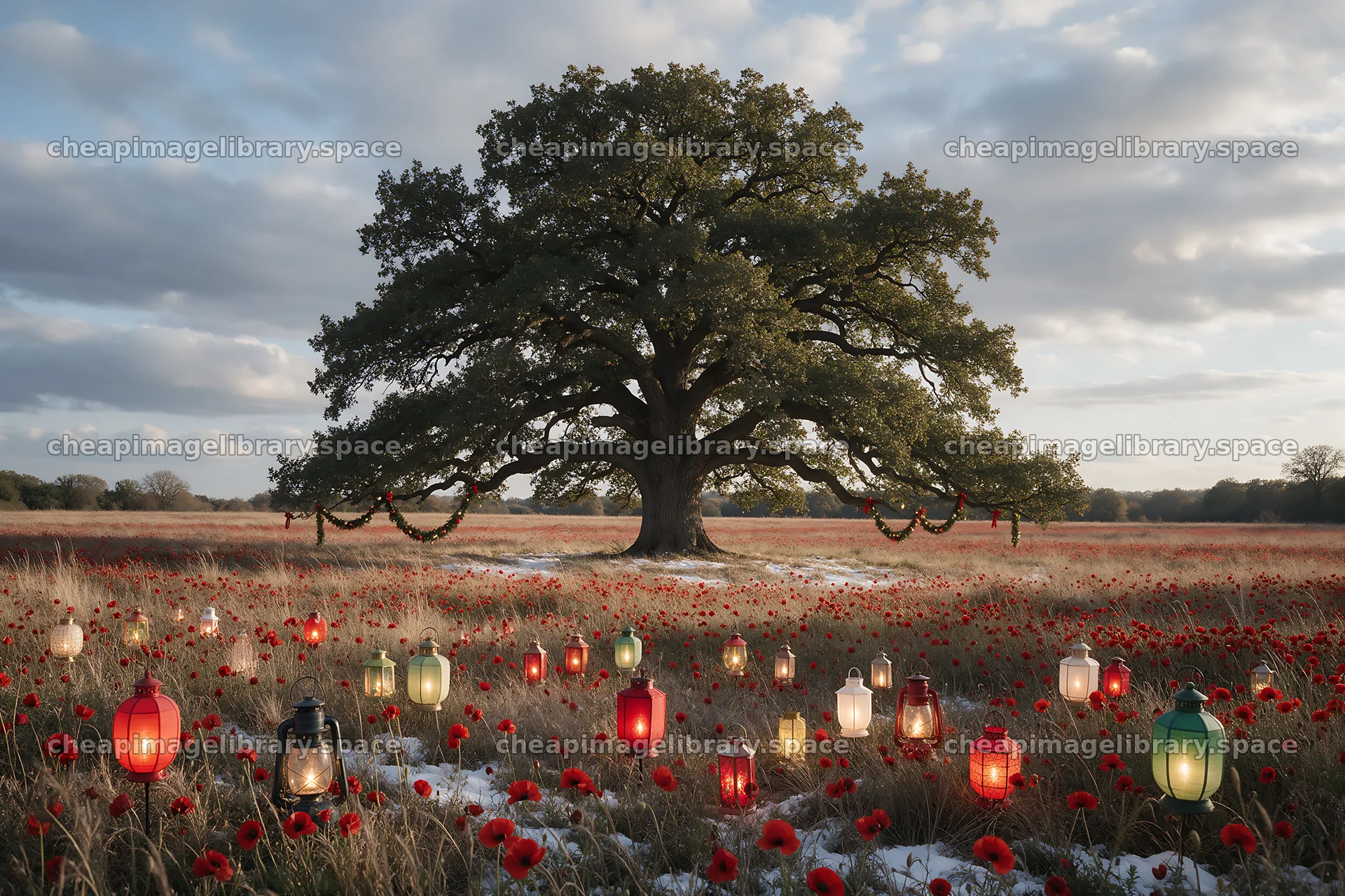 Vibrant Christmas lanterns across winter meadow – image library 9722x6480