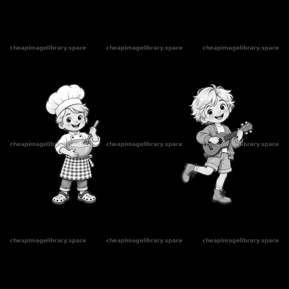 Blond child dressed as chef and boy playing ukulele in black and – image library 7746x7746