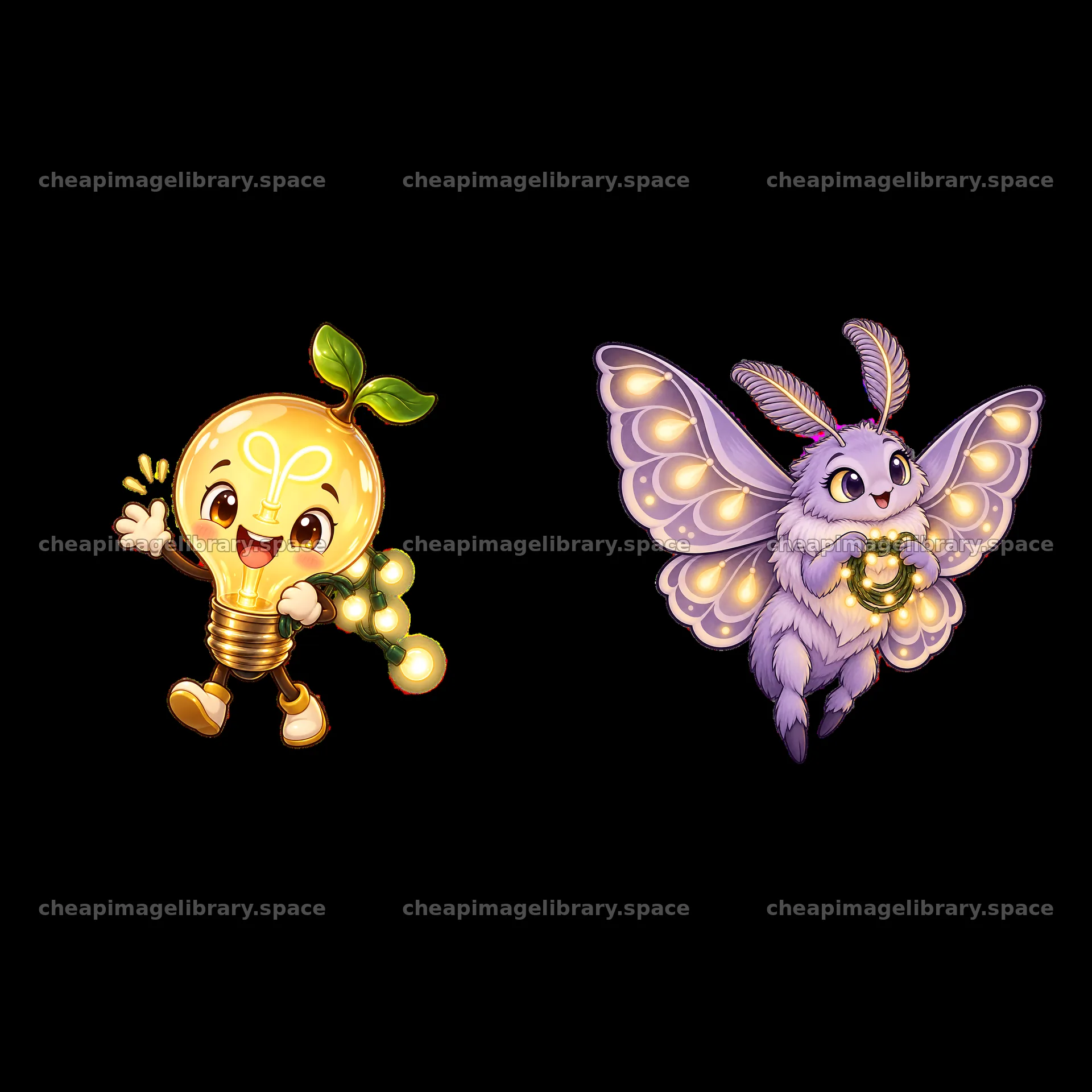 Light bulb character and magical moth with string lights – image library 7746x7746