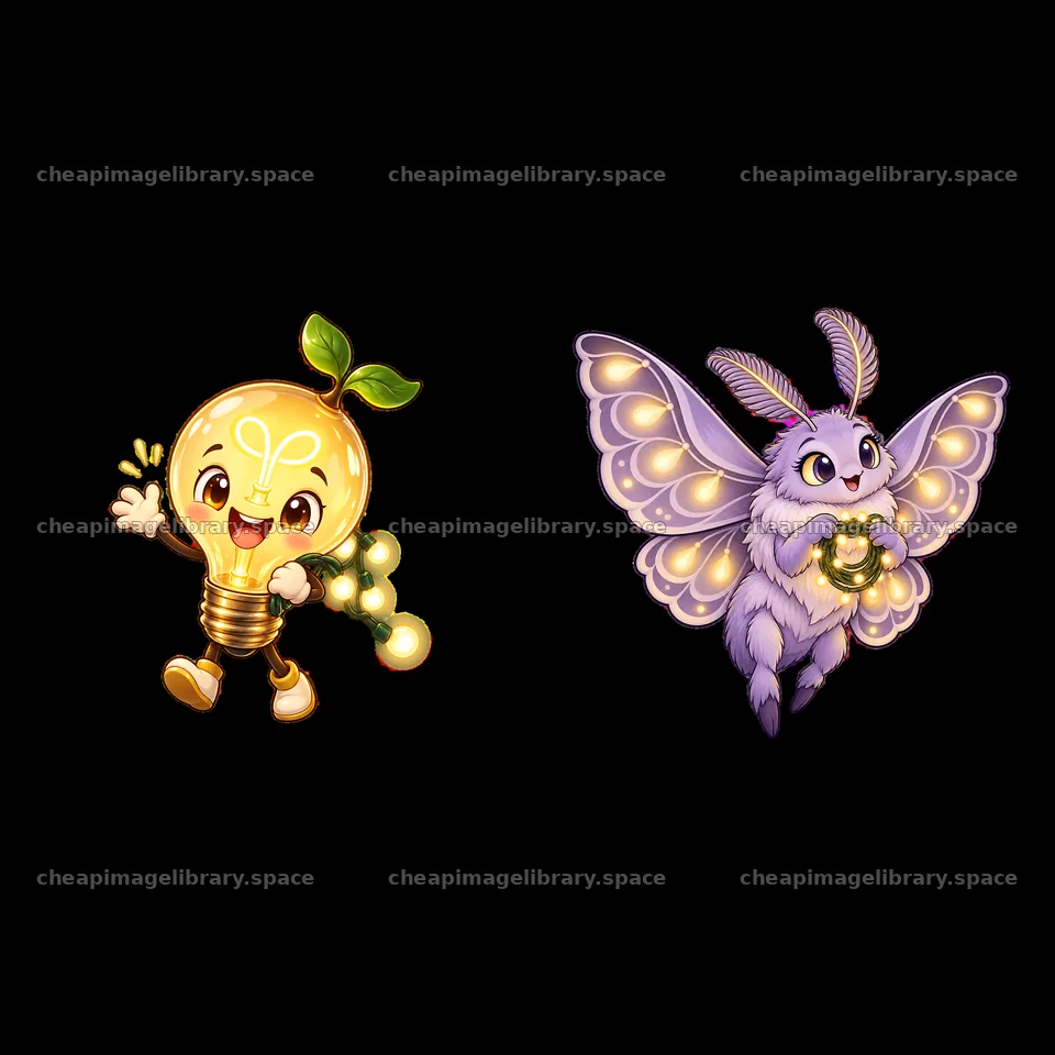 Light bulb character and magical moth with string lights – image library 7746x7746