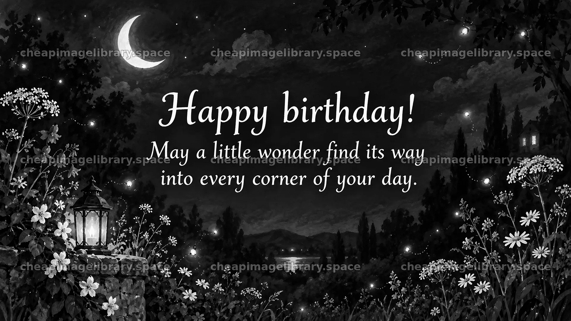 Monochrome Moonlit Garden Birthday Greeting – image library 10324x5812