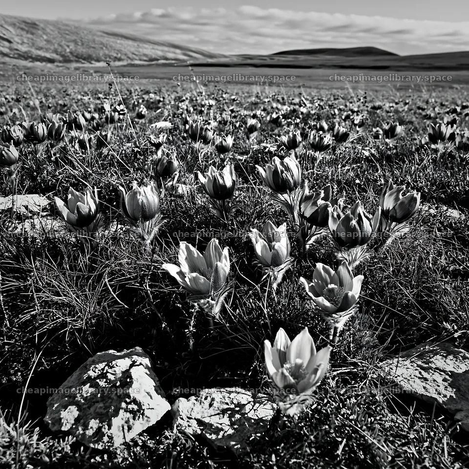 Sunny pasqueflower meadow in a natural landscape – image library 7938x7938