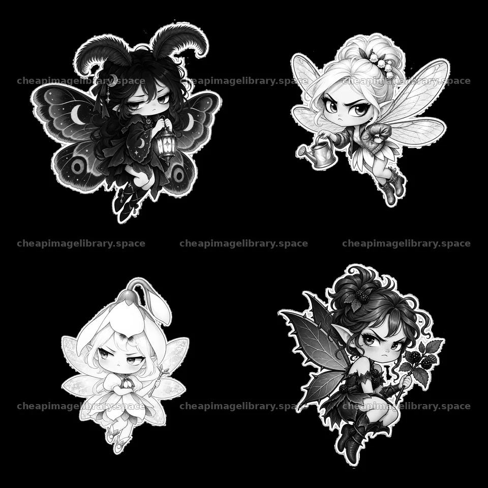 Kawaii grumpy fairy characters in a 2x2 cartoon sticker layout – image library 7746x7746