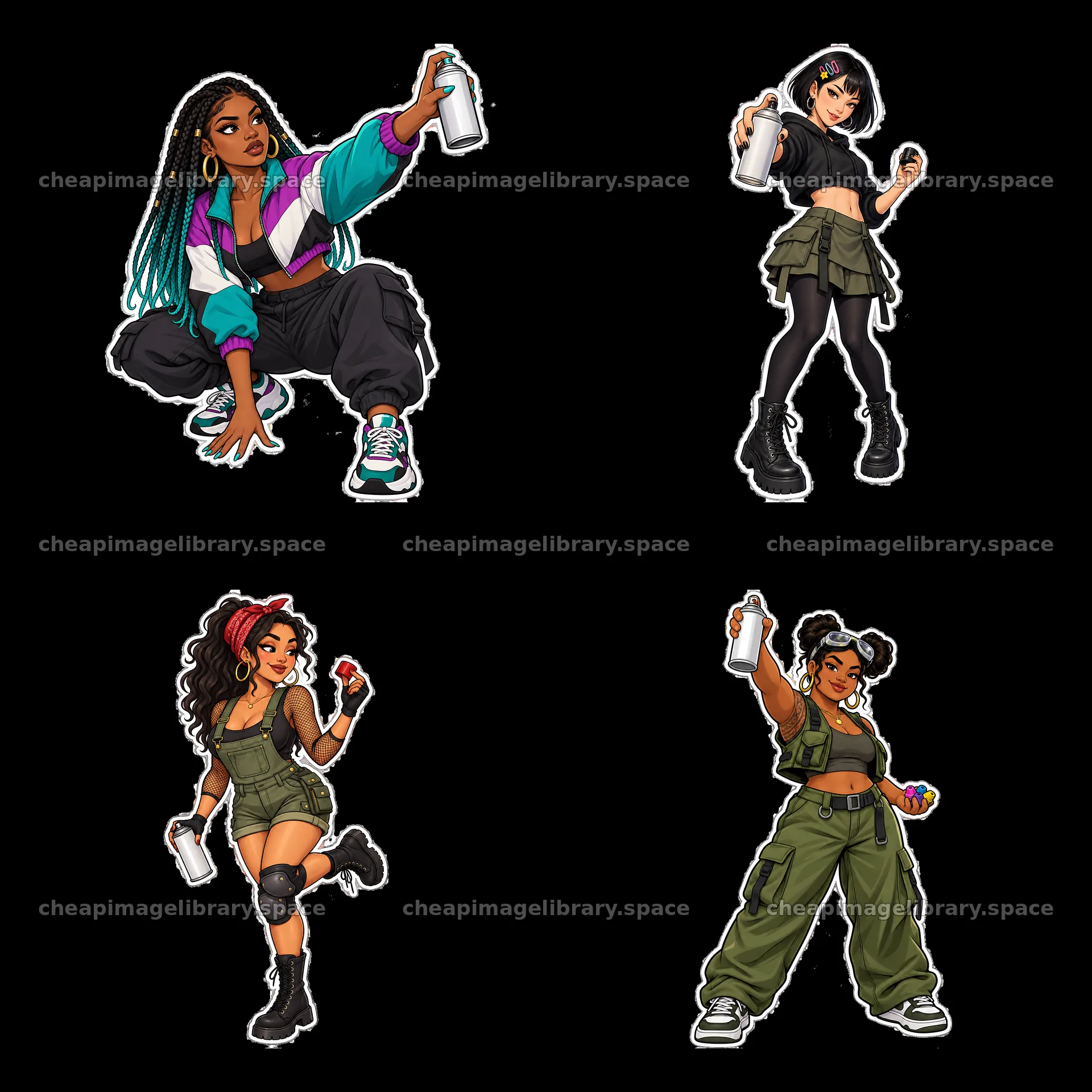 Female graffiti sprayers in urban style, active and colorful poses – image library 7746x7746