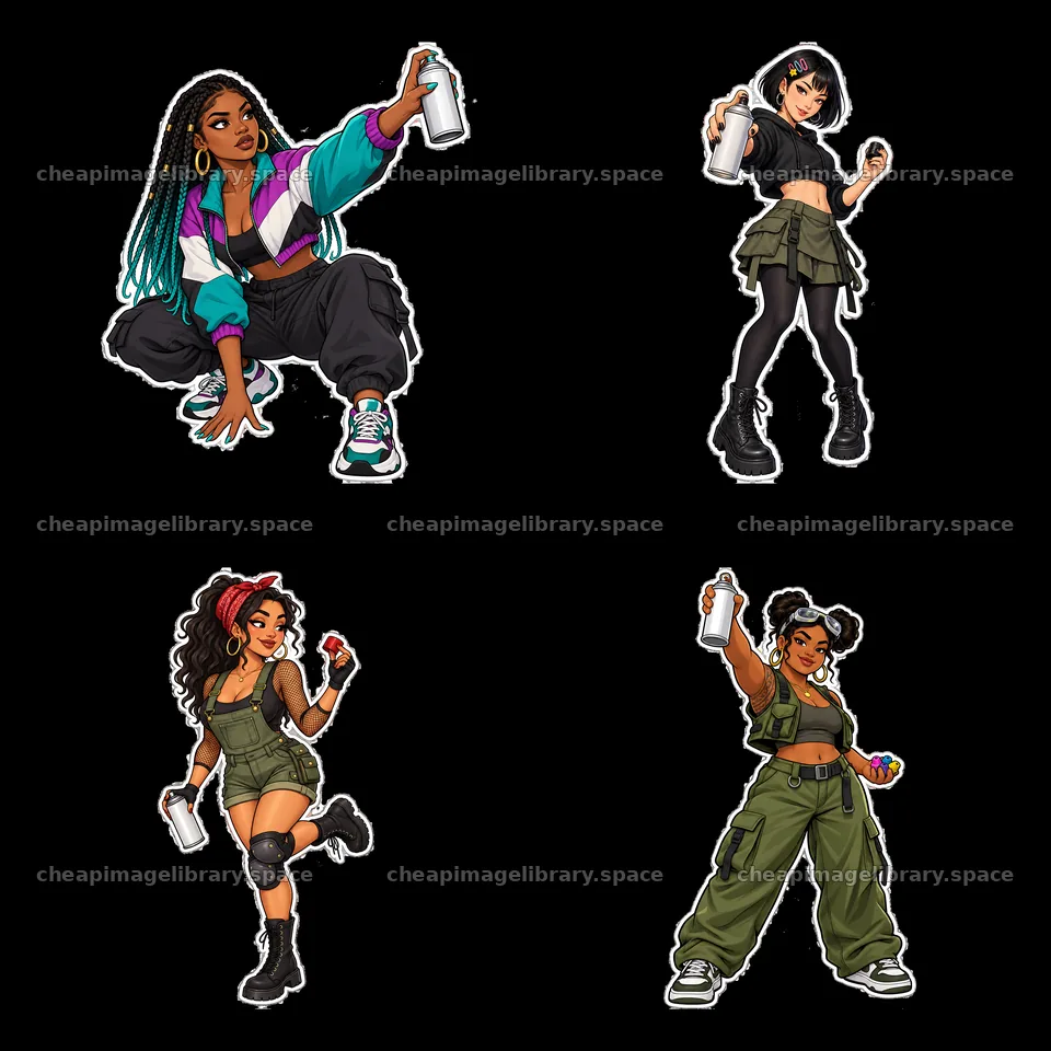 Female graffiti sprayers in urban style, active and colorful poses – image library 7746x7746