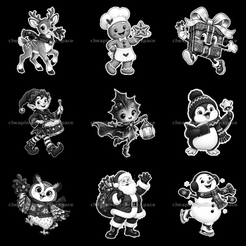 Christmas cartoon characters in a 3x3 grid layout – image library 7746x7746