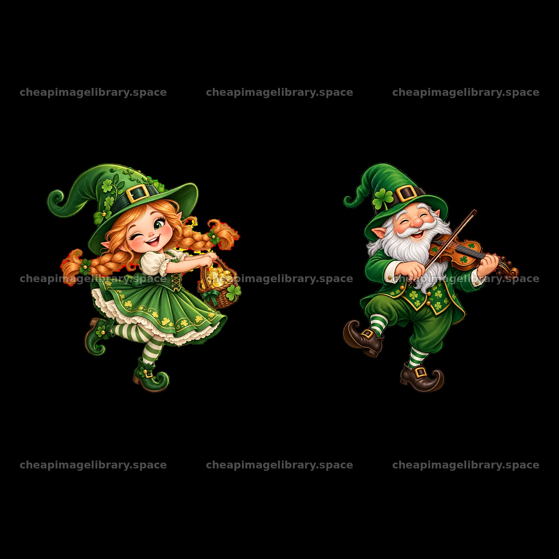 St. Patrick's Day gnome girl and gnome playing violin – image library 7746x7746