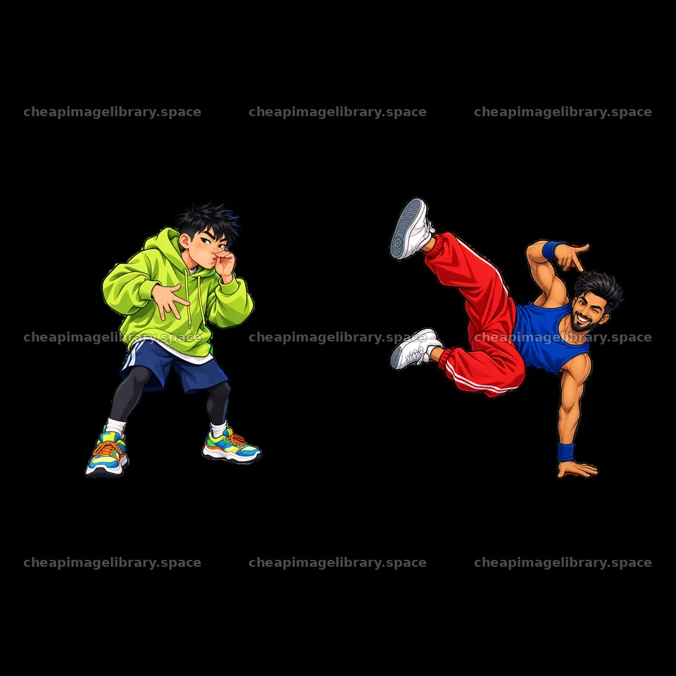Hip-hop artists performing dance moves in colorful outfits – image library 7746x7746