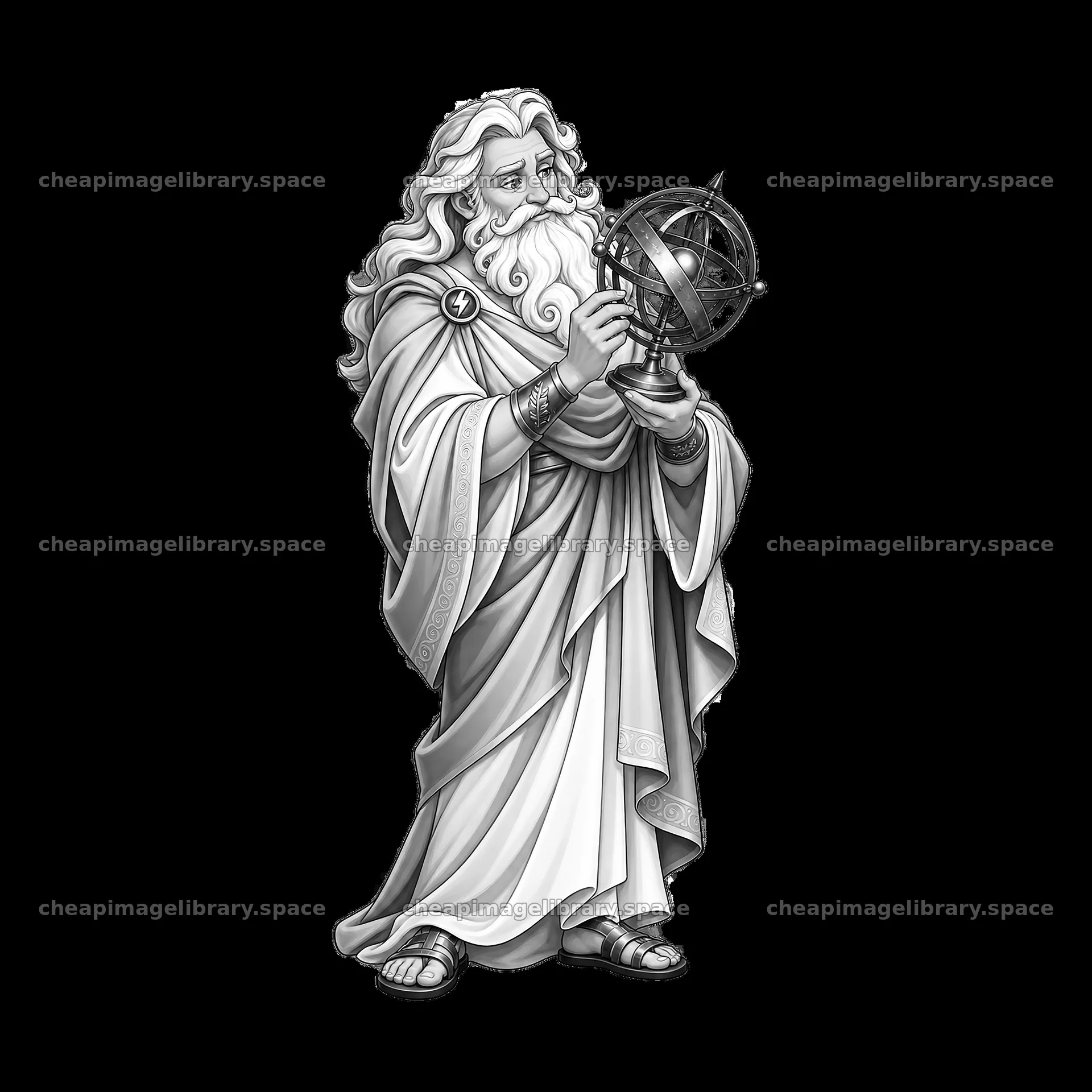 Zeus holding a celestial globe in a monochrome illustration – image library 7746x7746