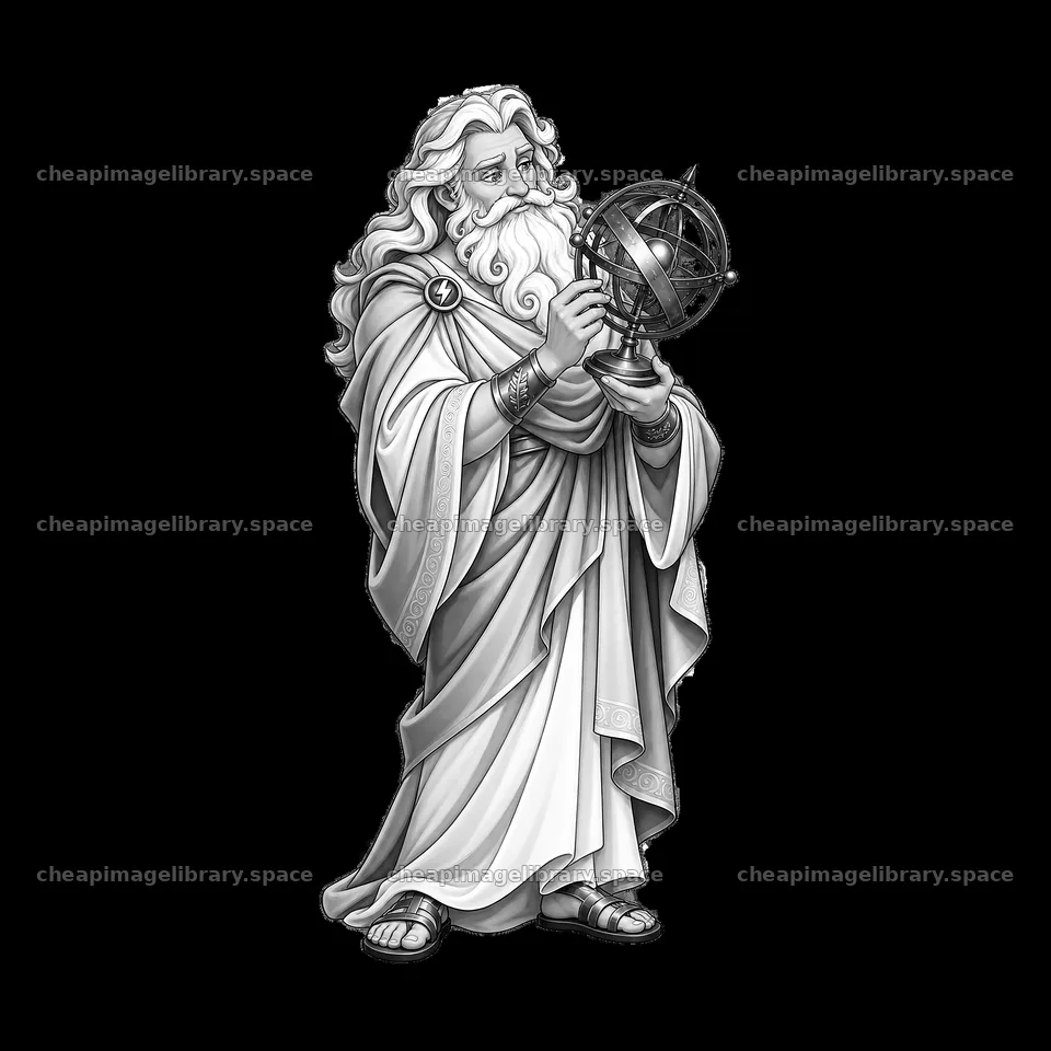 Zeus holding a celestial globe in a monochrome illustration – image library 7746x7746