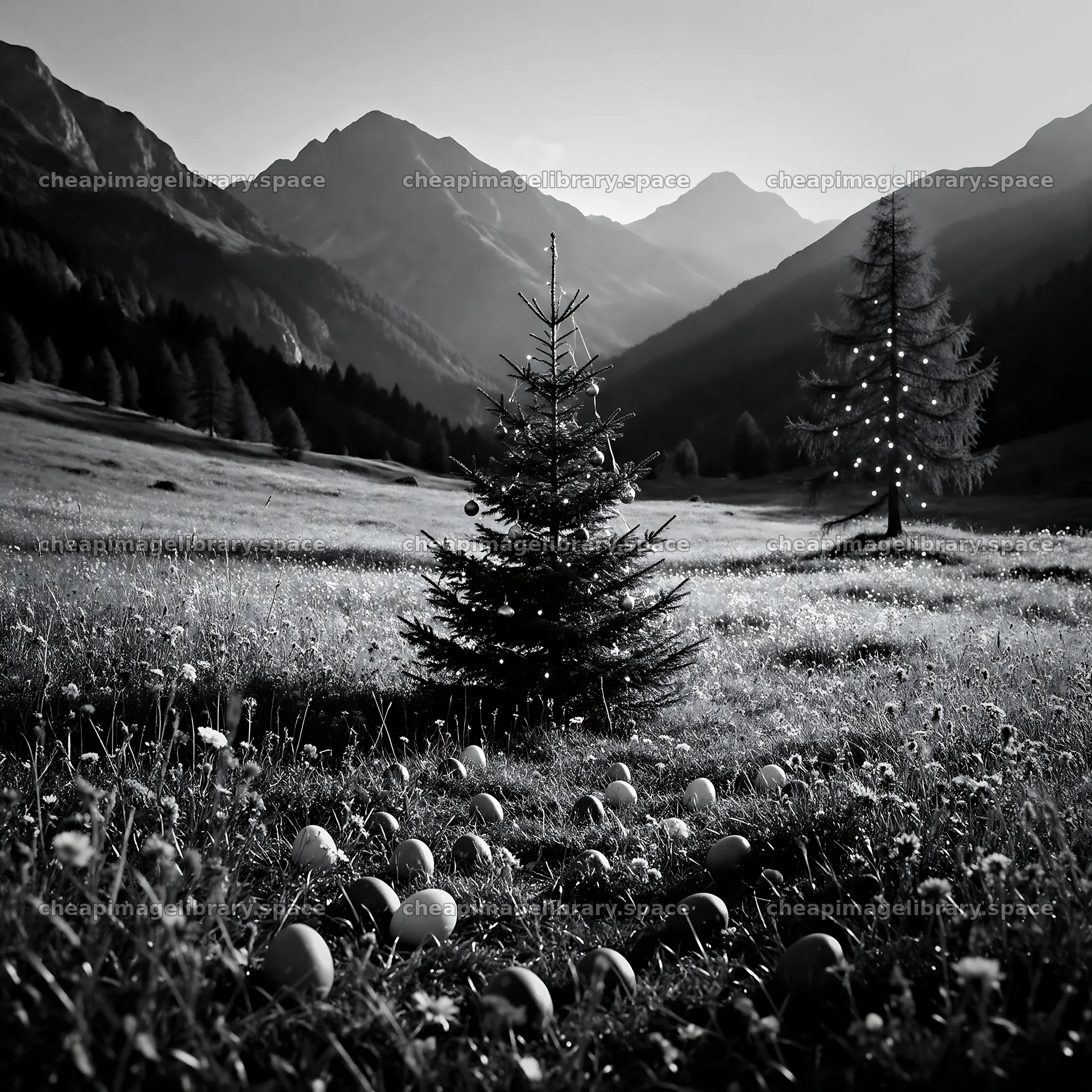 Christmas tree in mountain valley meadow with decorations – image library 7938x7938