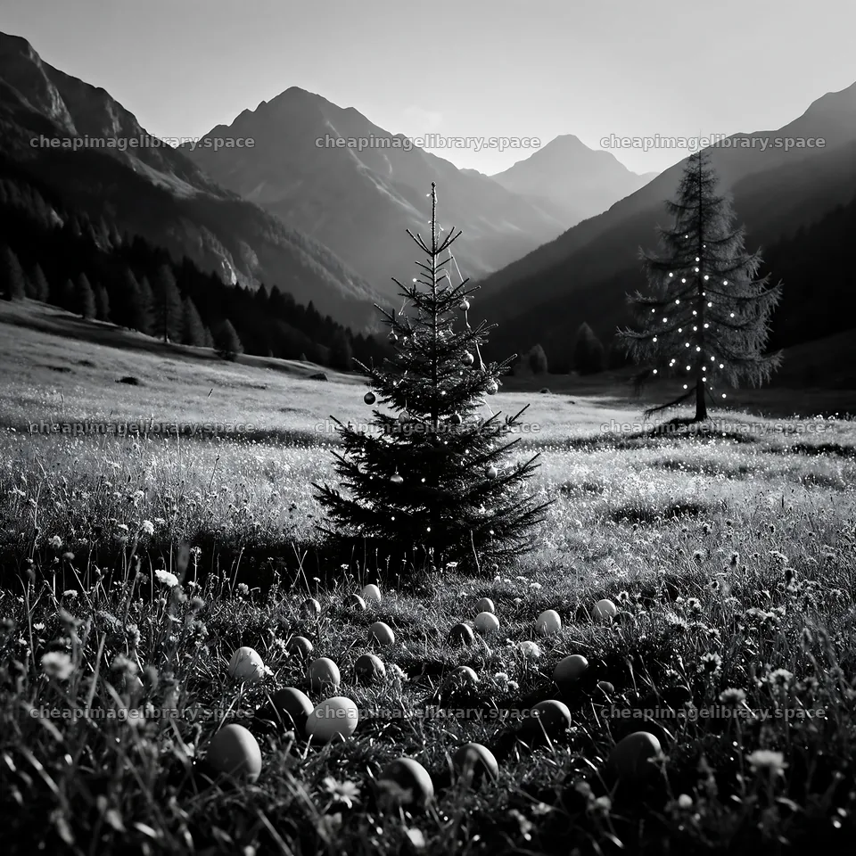 Christmas tree in mountain valley meadow with decorations – image library 7938x7938
