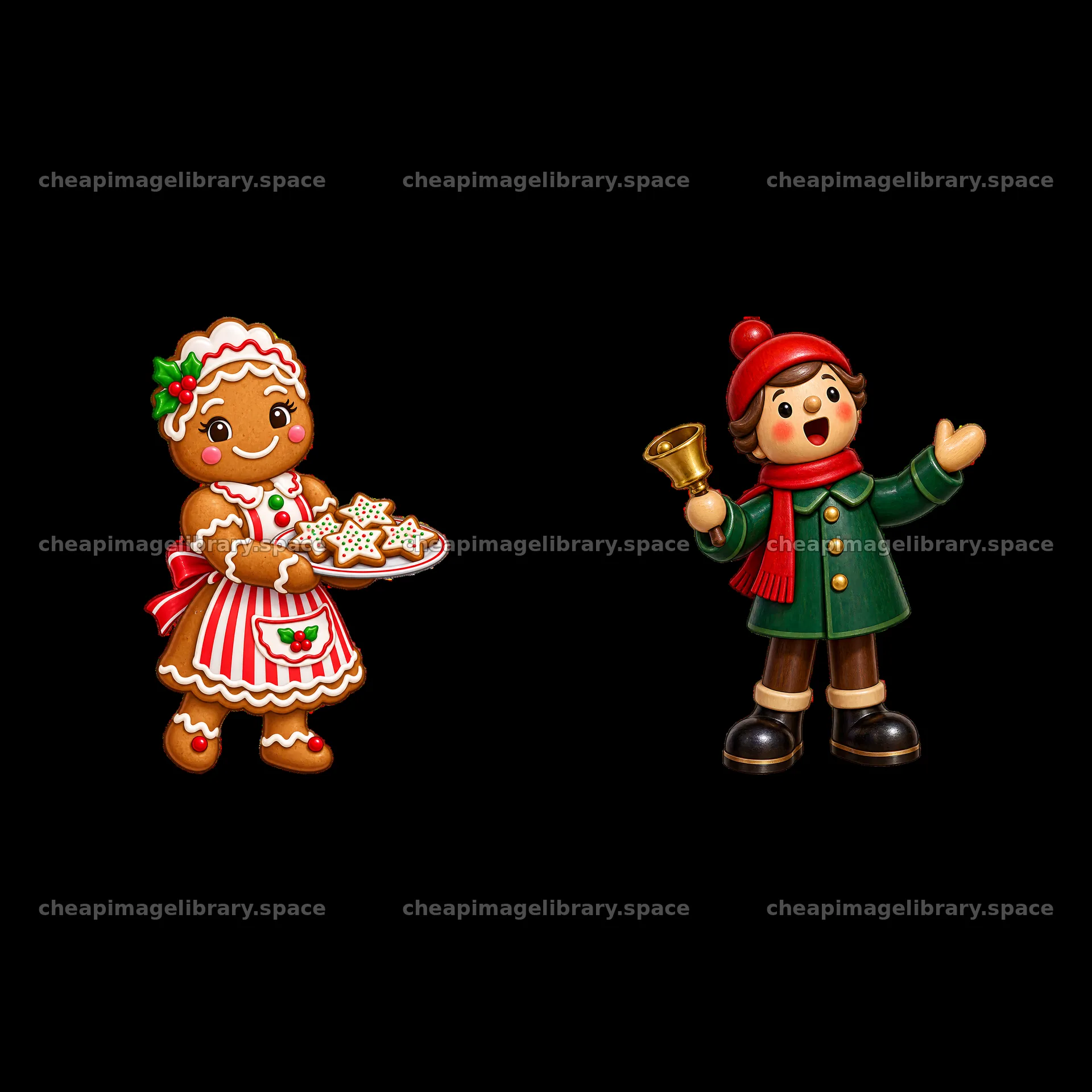 Gingerbread girl with cookies and boy ringing a bell for Christmas – image library 7746x7746