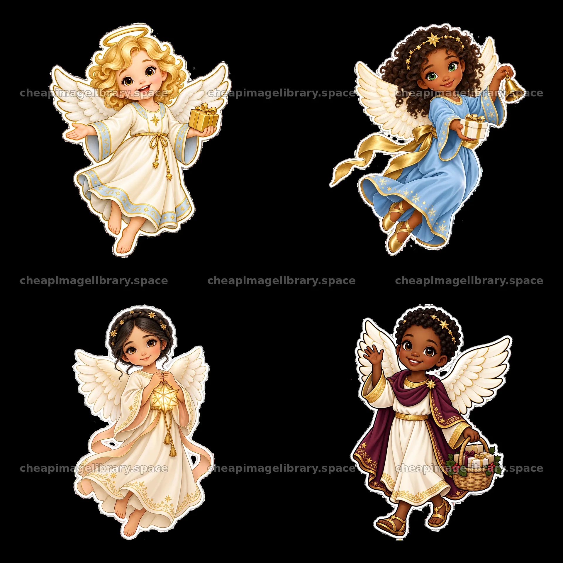 Christ Child figures with gifts in four cartoon stickers – image library 7746x7746