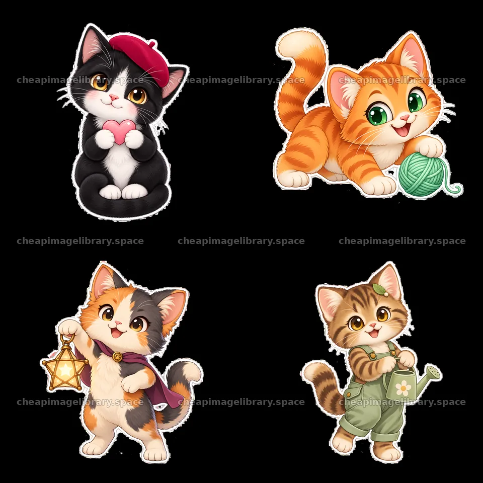 Cute kawaii cats in playful poses with accessories – image library 7746x7746