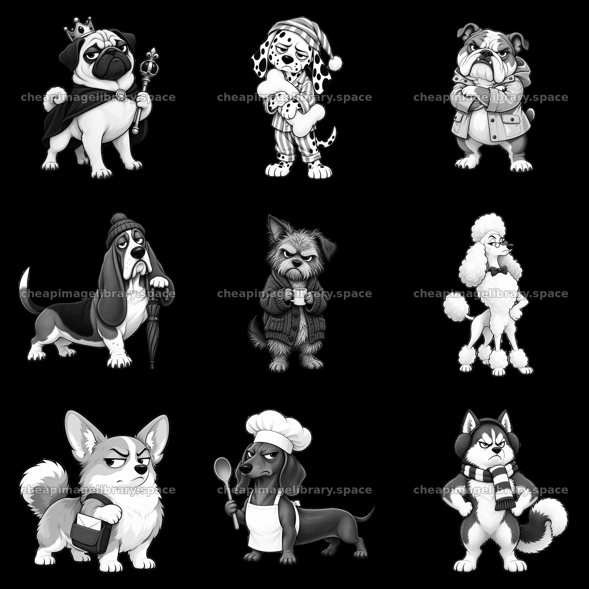 Grumpy dogs in various poses and costumes in a 3x3 layout – image library 7746x7746