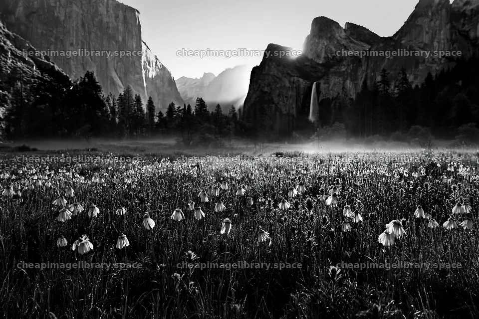 Flowering meadow near mountain falls in black and white – image library 9722x6480