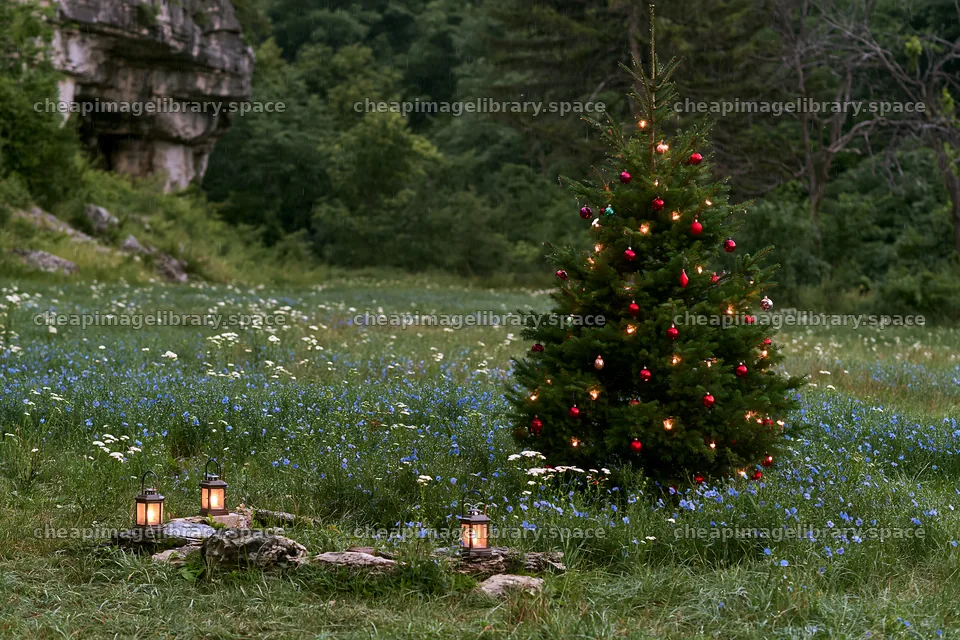 Christmas tree with ornaments in meadow by cave – image library 9722x6480