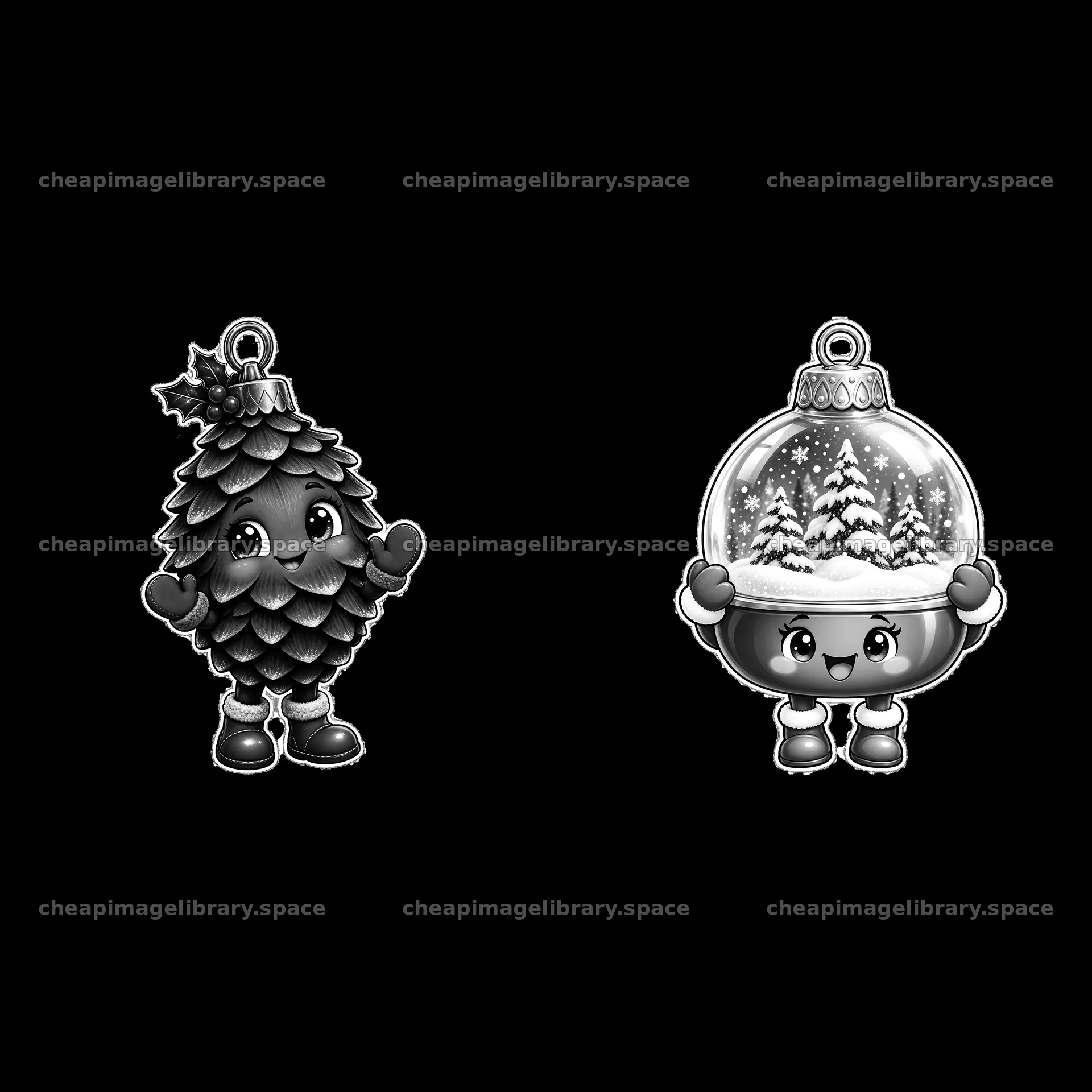 Christmas tree ornament characters in black and white design – image library 7746x7746