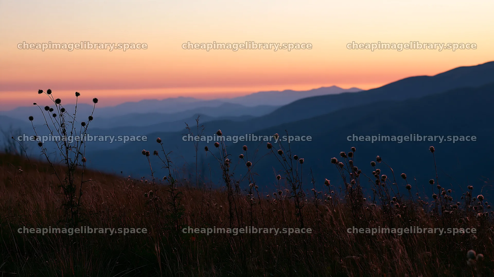 Sunset over a meadow with silhouettes of mountains – image library 10608x5938