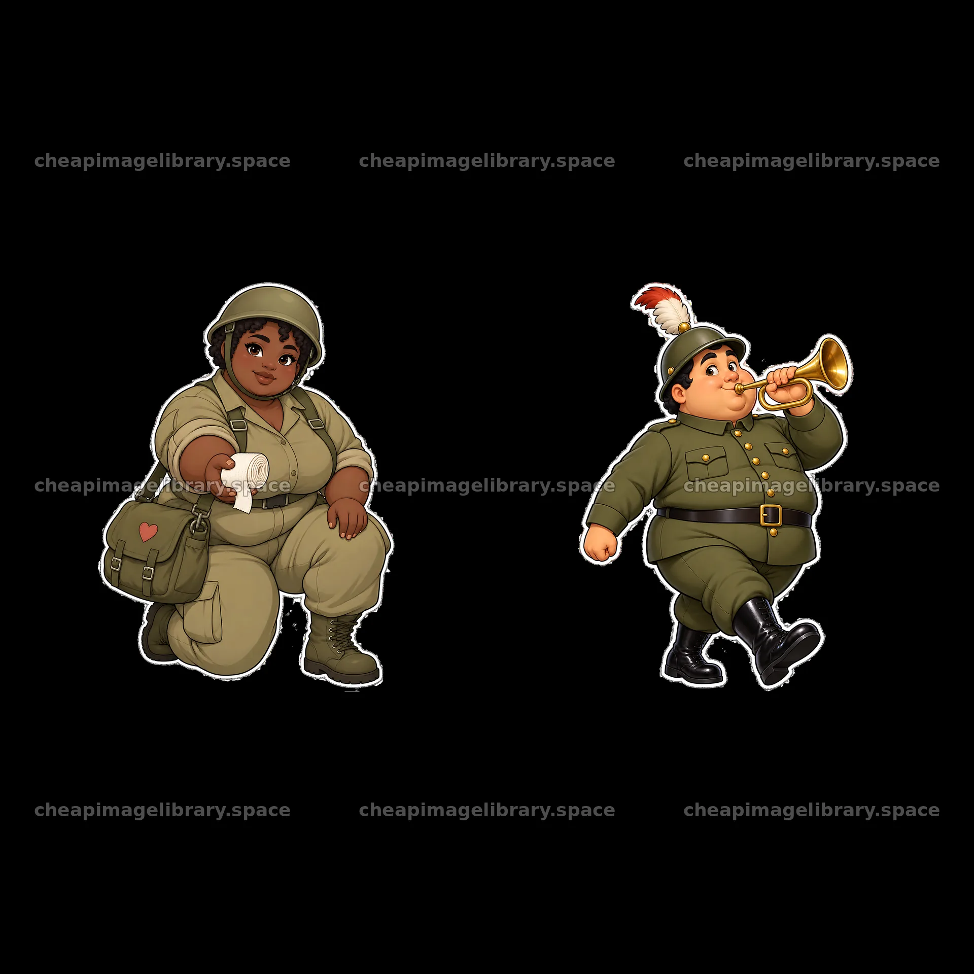 Cute ultra-chubby soldier characters with accessories in pair – image library 7746x7746