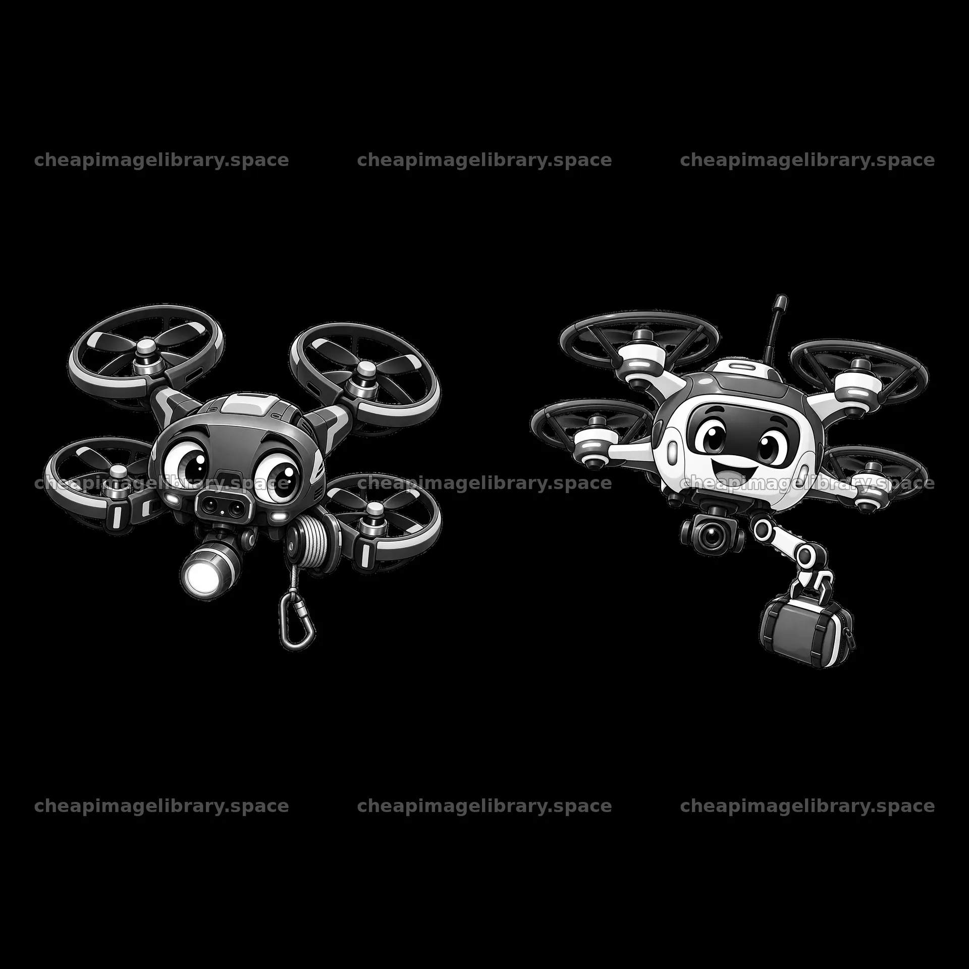 Cartoon drones with cameras flying in a playful design – image library 7746x7746
