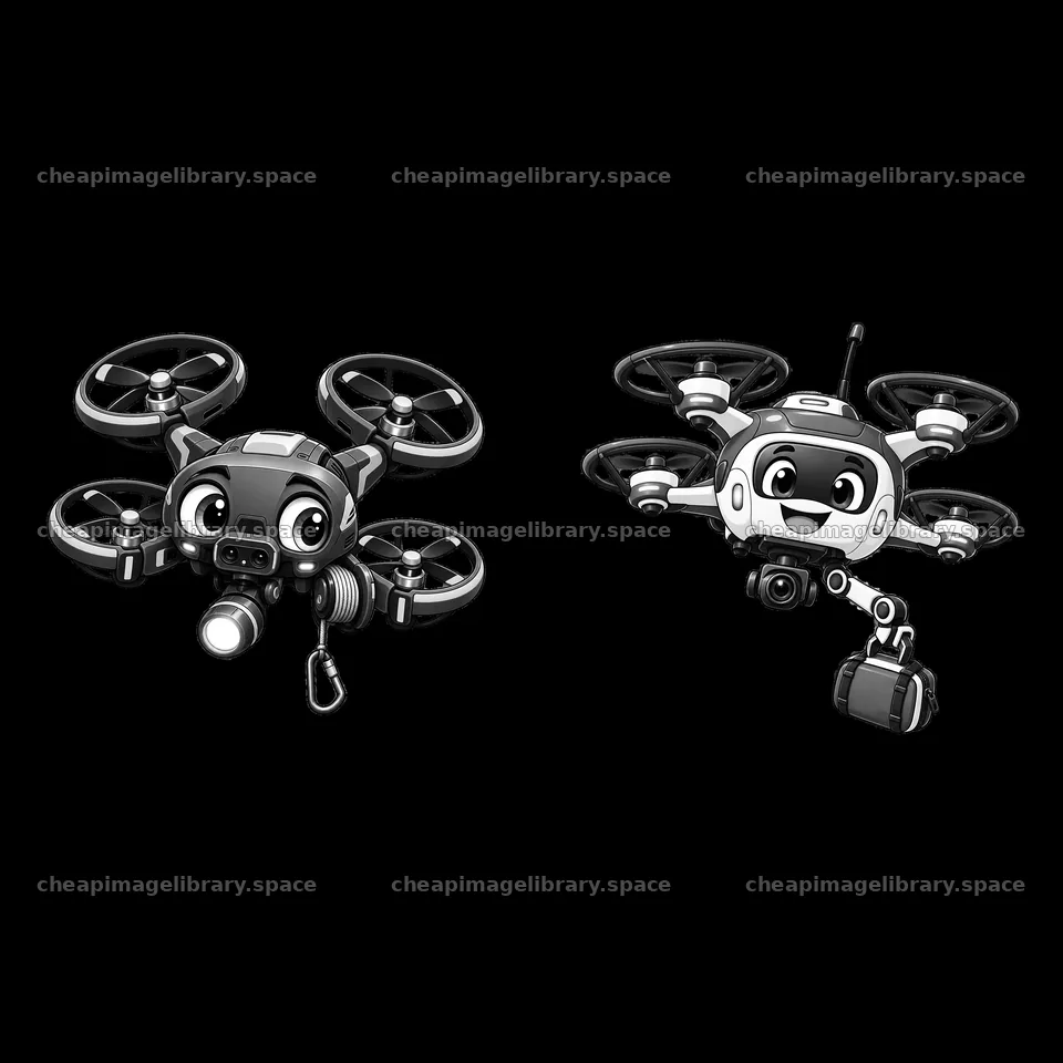 Cartoon drones with cameras flying in a playful design – image library 7746x7746