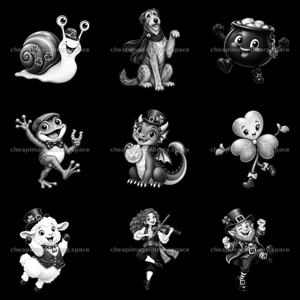 Cartoon characters celebrating St. Patrick’s Day in black and white – image library 7746x7746
