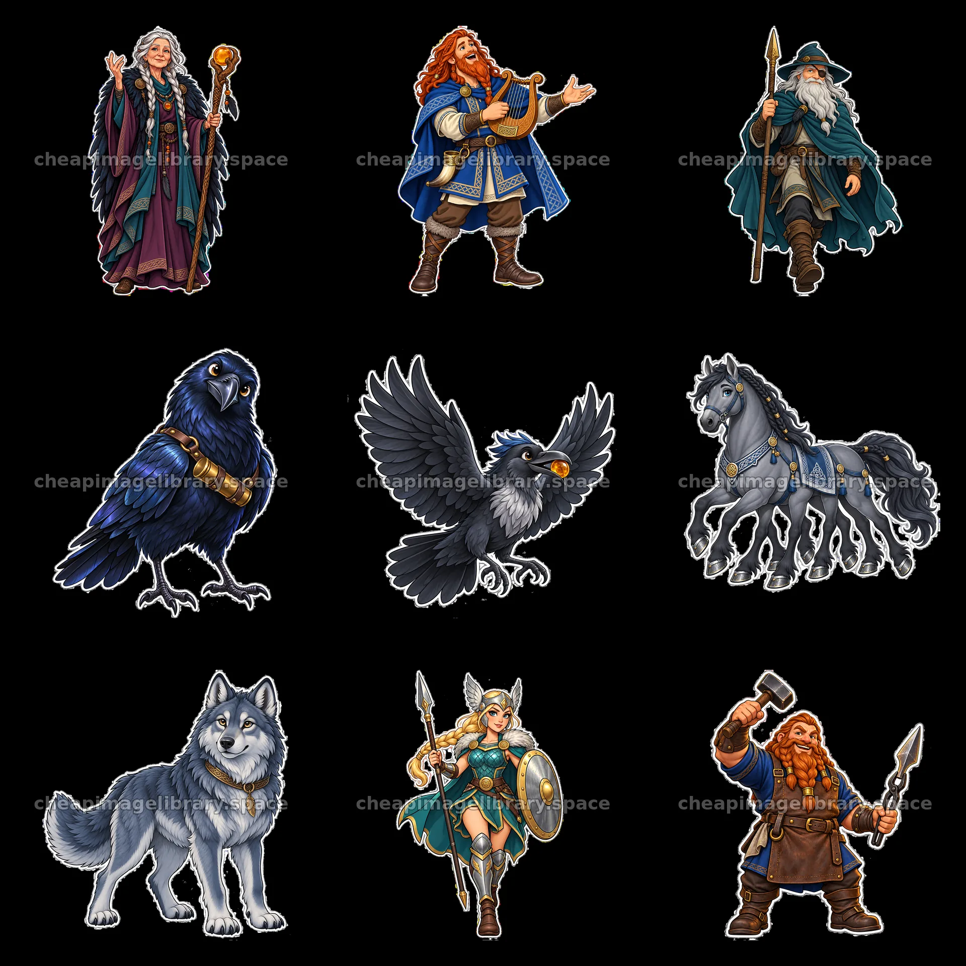 Odin the Norse All-Father with his allies and creatures – image library 7746x7746