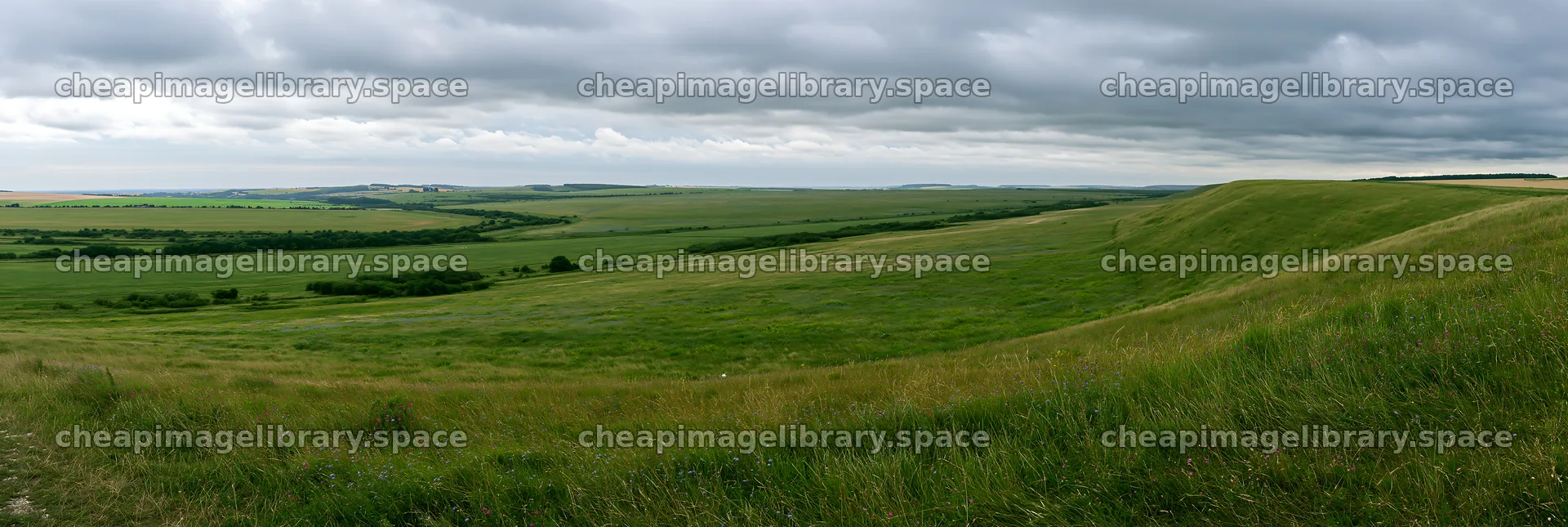 Cloudy chalk grassland meadow landscape with rolling hills – image library 13690x4602