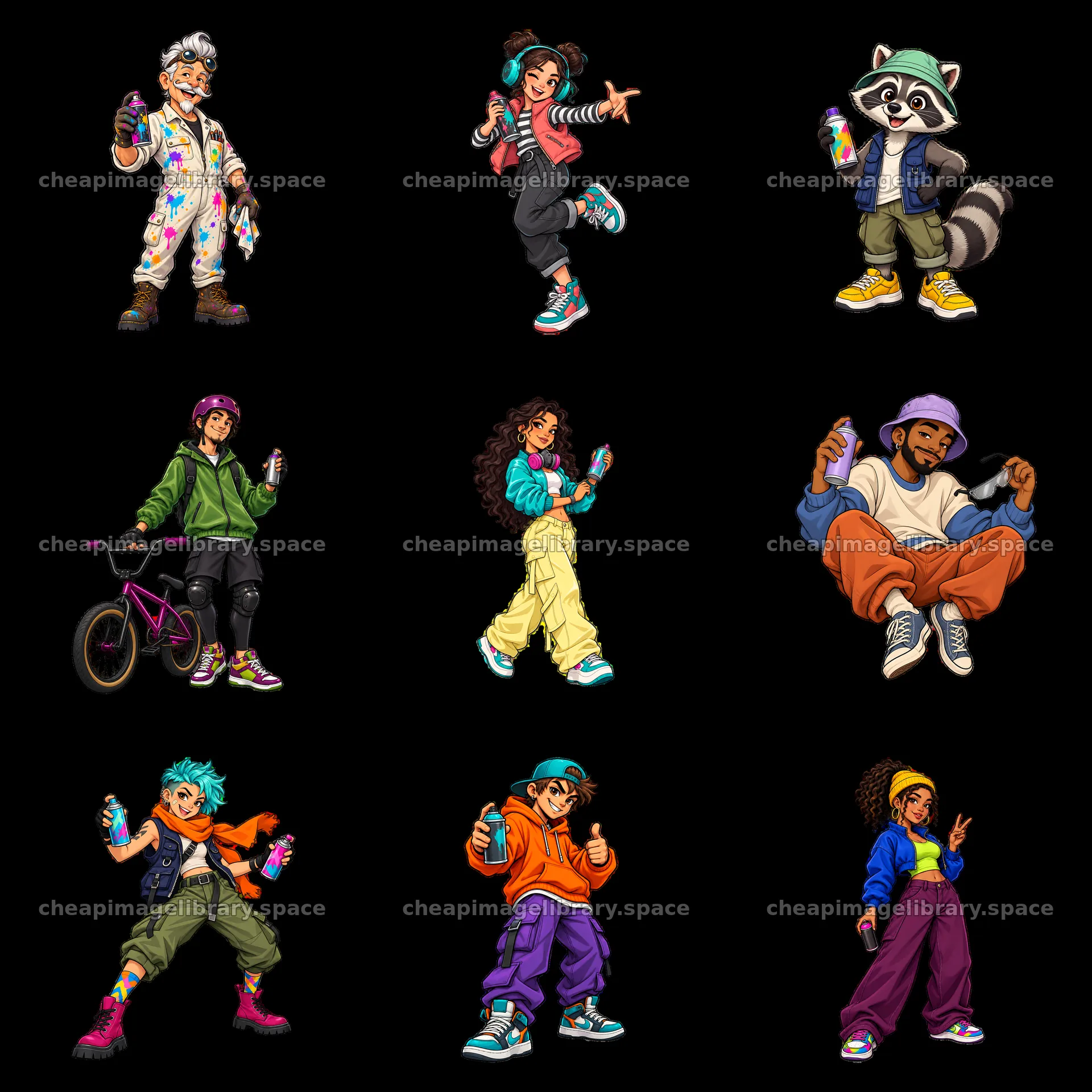 Cool graffiti sprayer characters in a 3x3 arrangement – image library 7746x7746